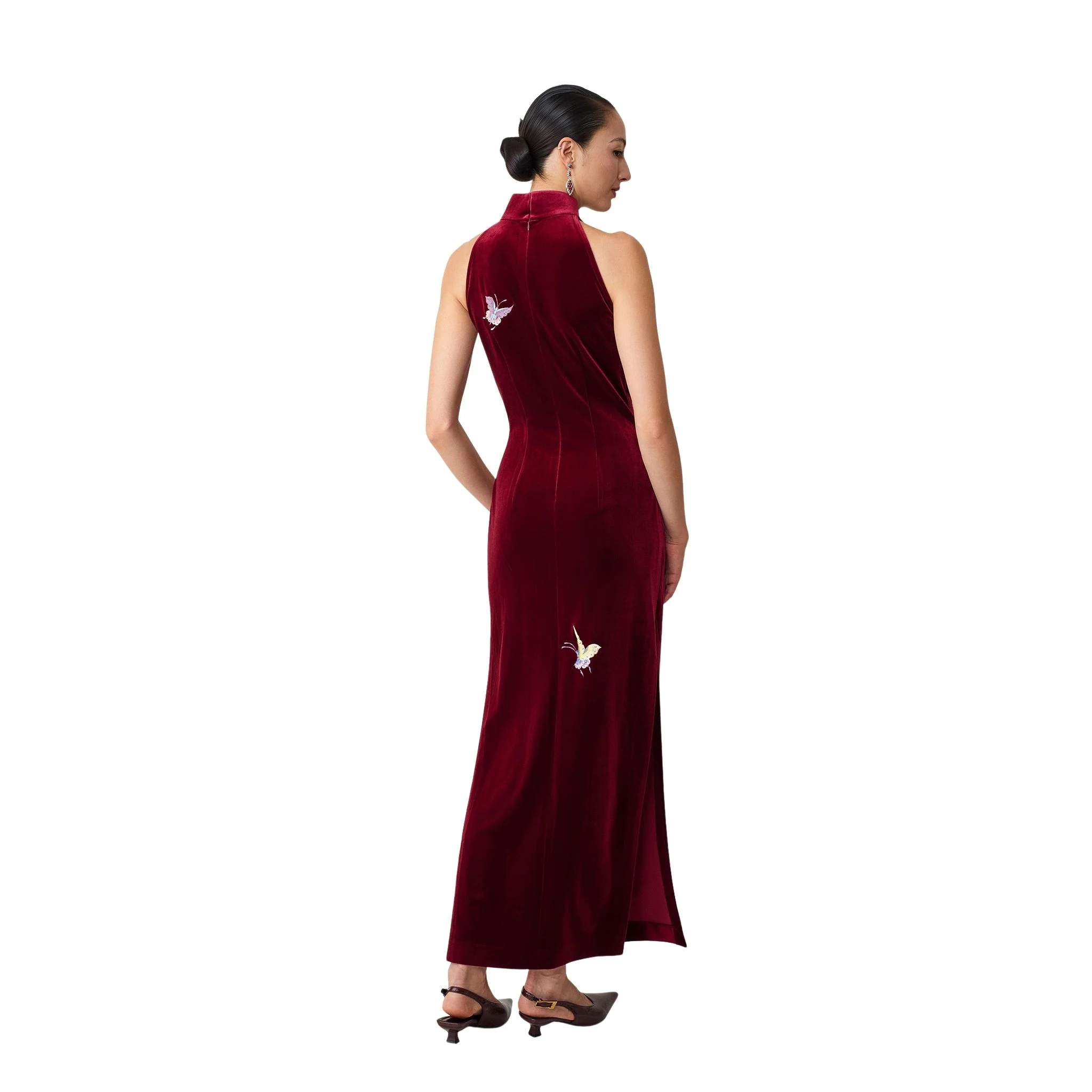 Burgundy Halter-Neck Butterfly Qipao - Image 5
