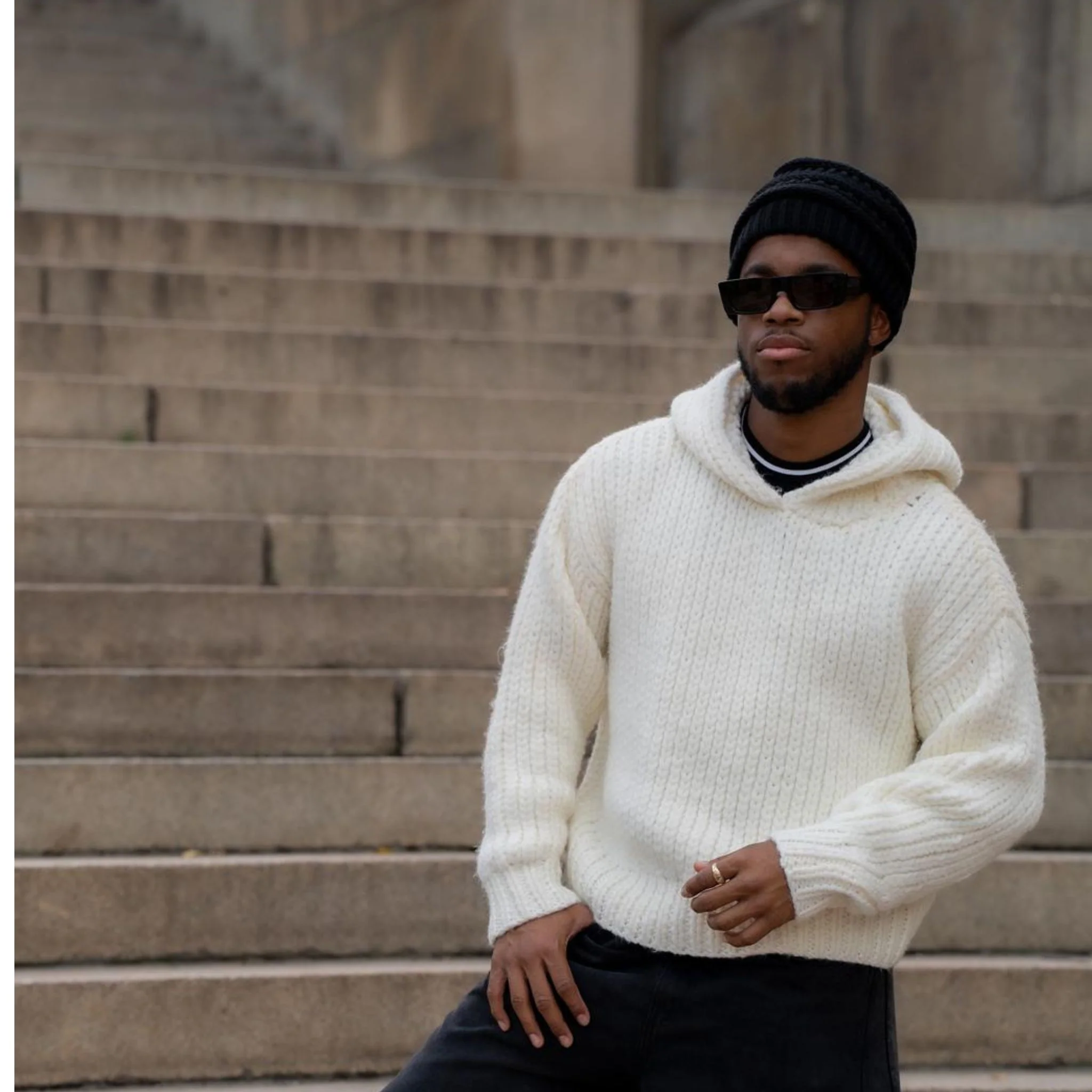Cream Ribbed Knit IGLOO Hoodie in Soft Non-Wool Yarn - Image 2