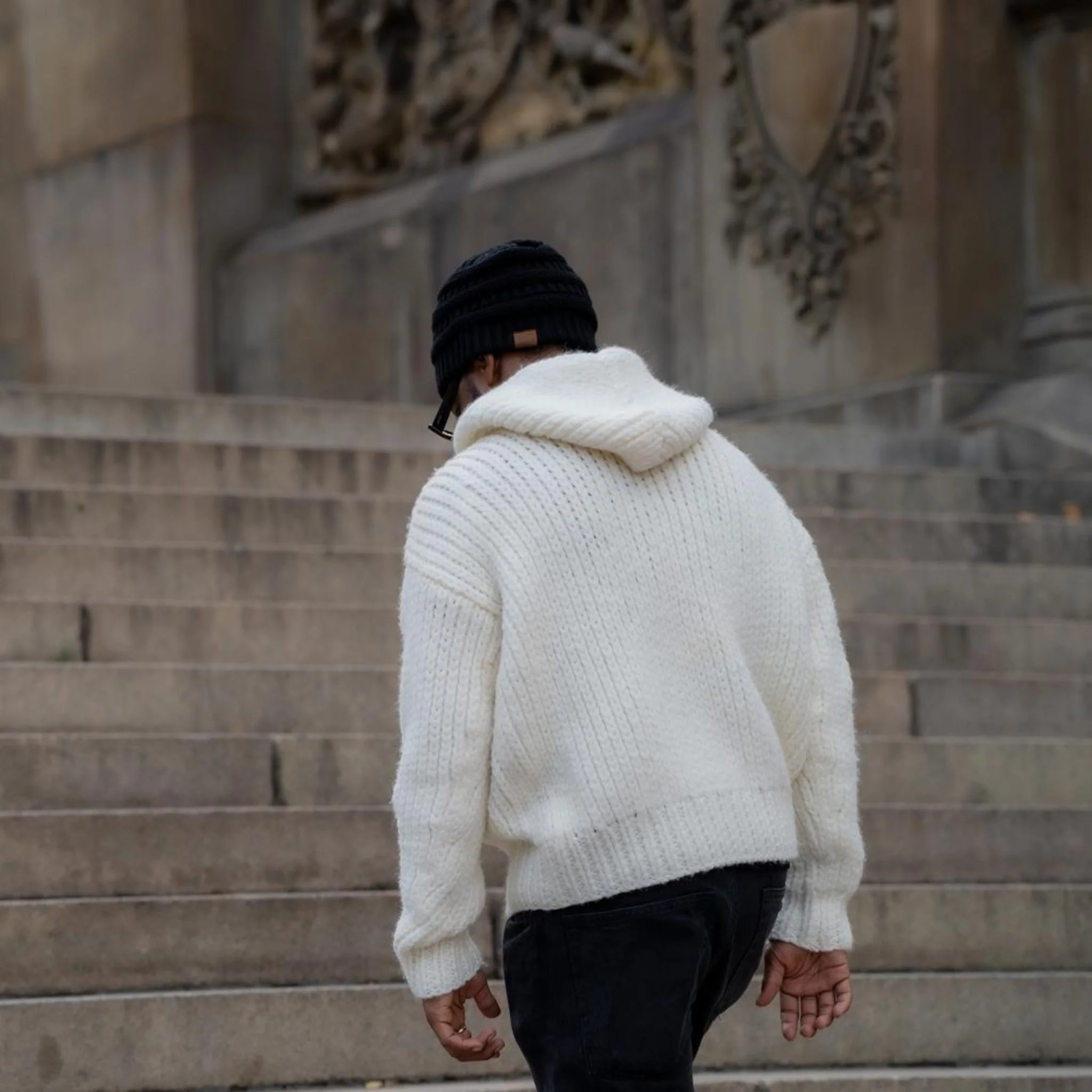 Cream Ribbed Knit IGLOO Hoodie in Soft Non-Wool Yarn - Image 3