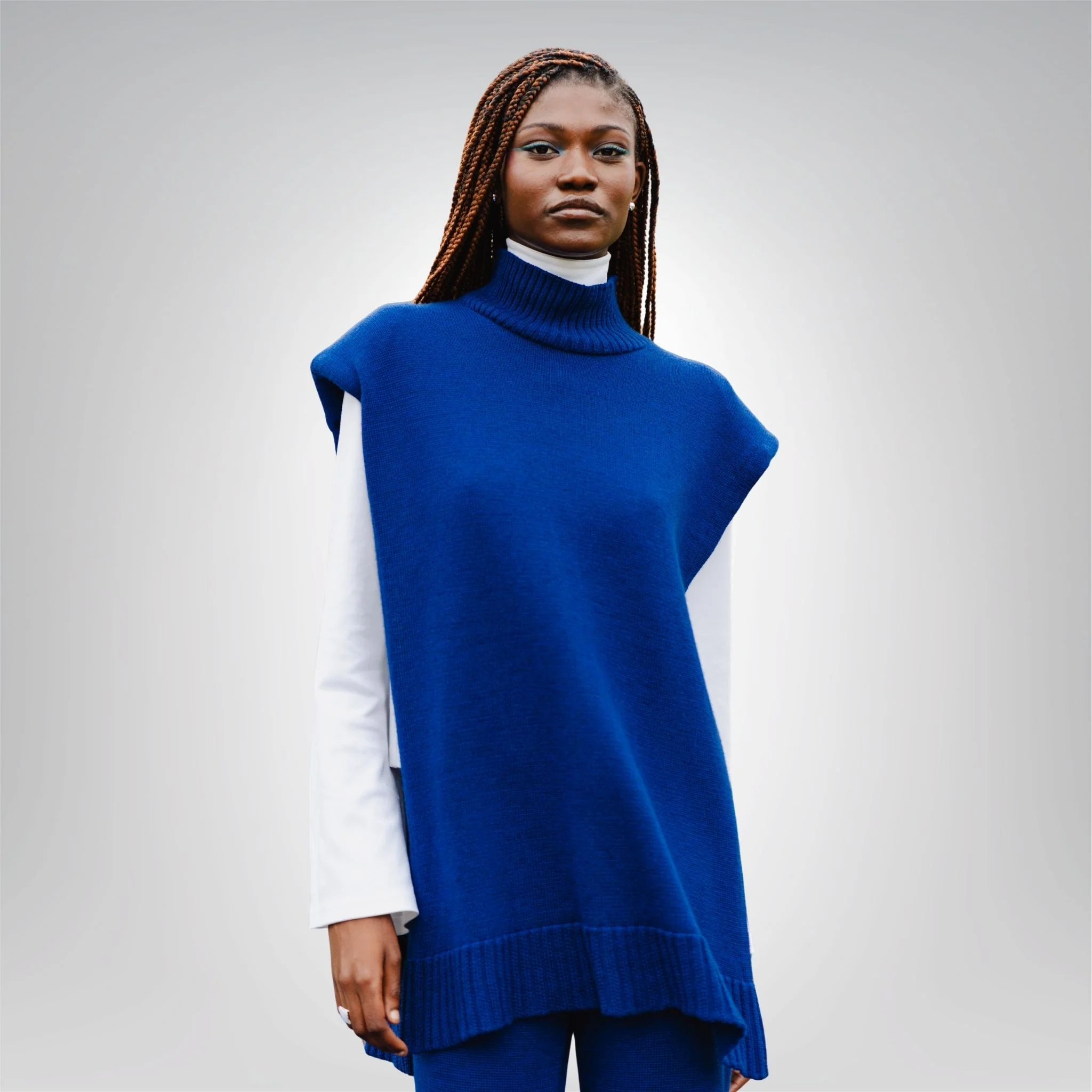 Cobalt Blue Merino Wool Turtleneck Poncho - Image 2