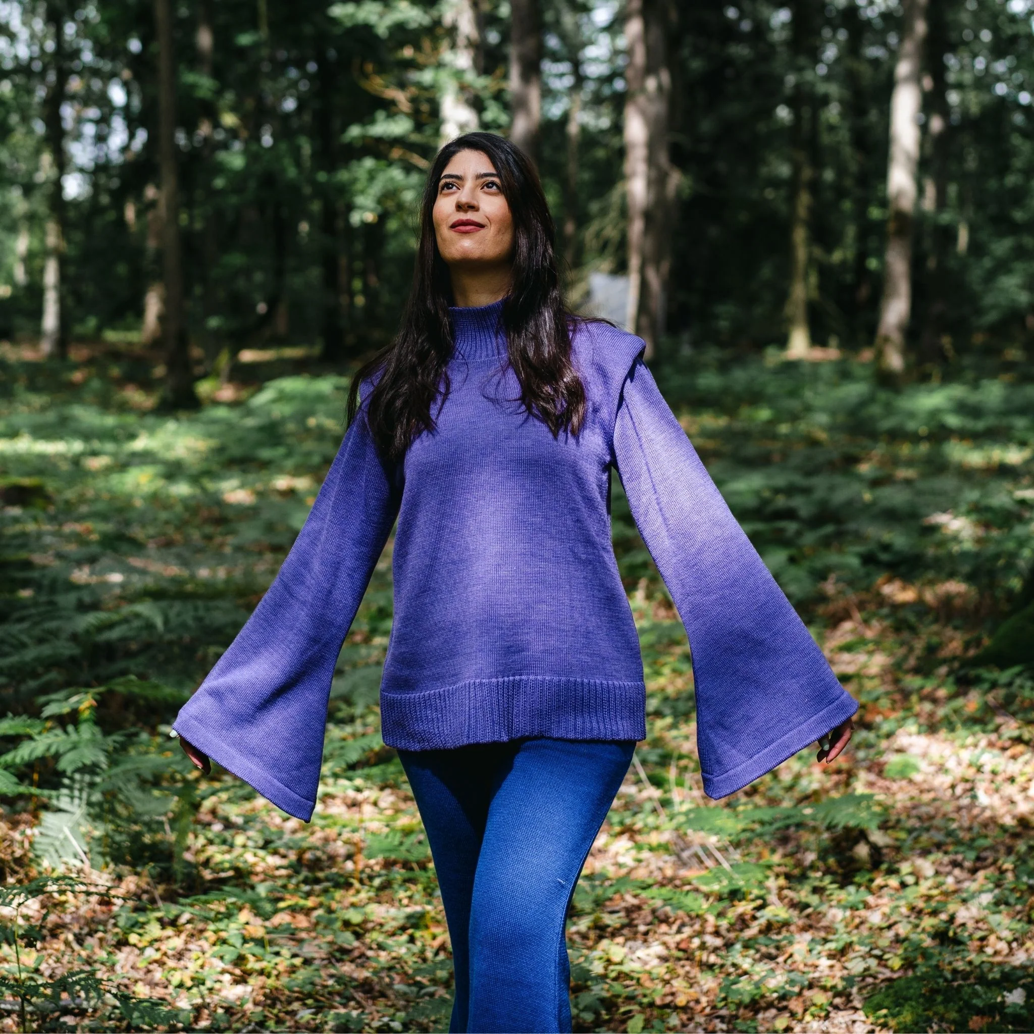 Purple Merino Wool Turtleneck Sweater with Flared Sleeves - Image 2