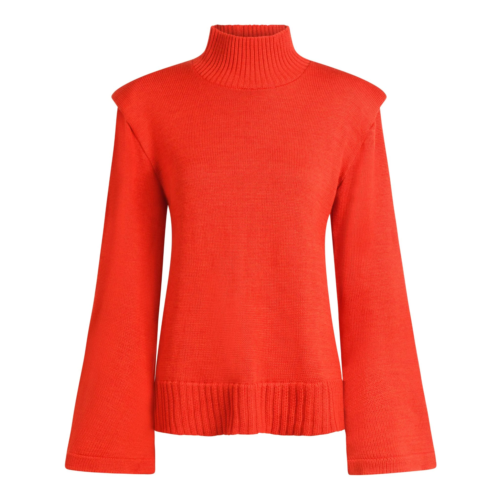 Red Merino Wool Turtleneck Sweater with Flared Sleeves