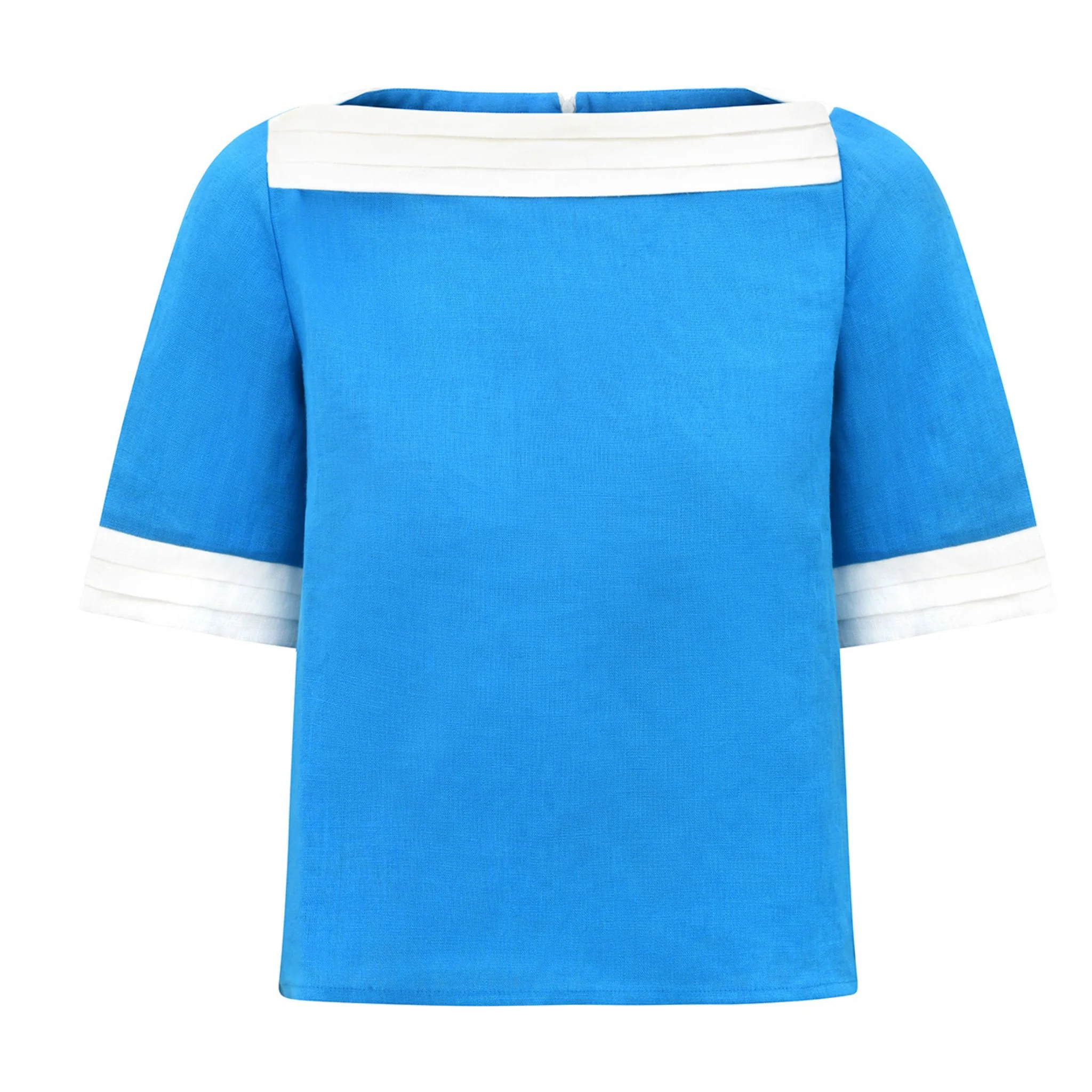 Turquoise Linen Boat Neck Top with White Trim