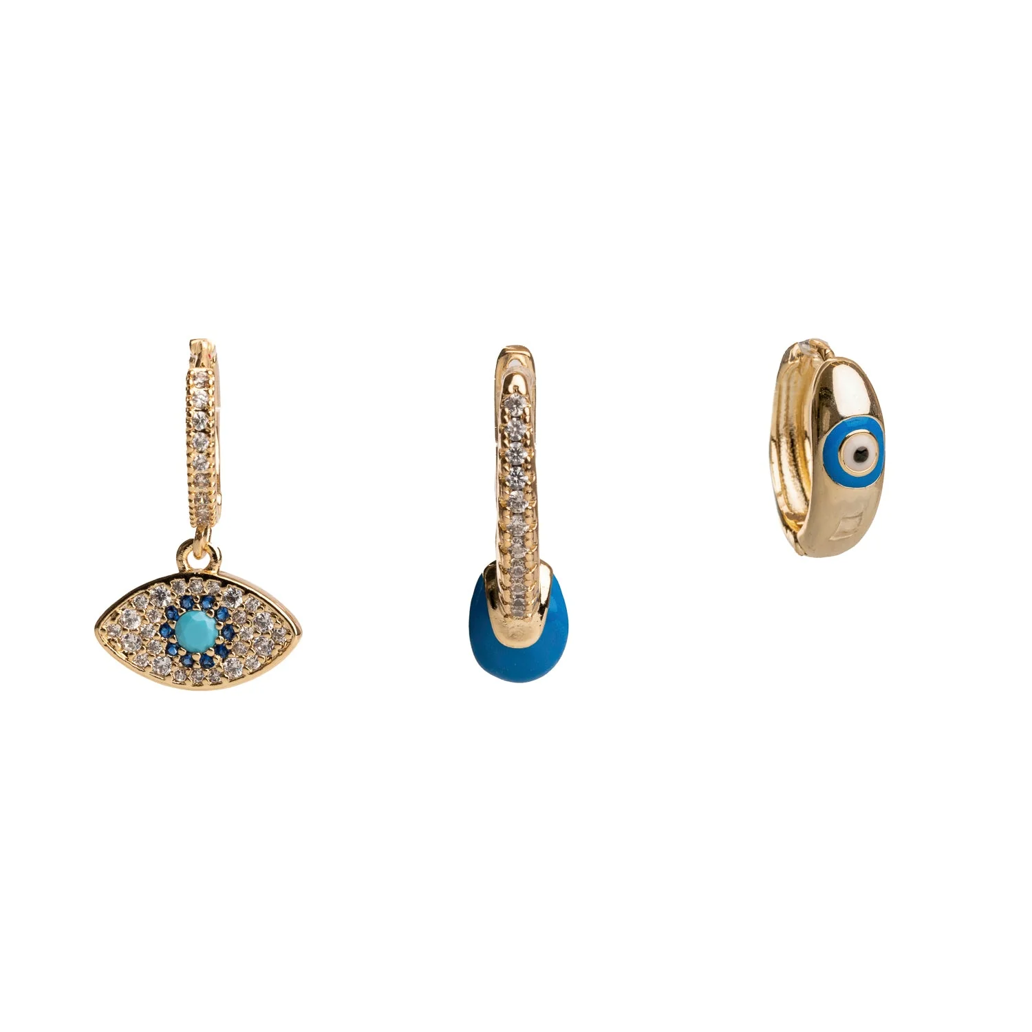 Blue Evil Eye Gold & Diamond Trio Hoop Earring Set