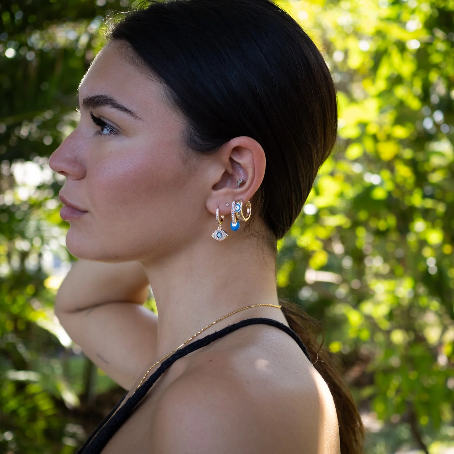Blue Evil Eye Gold & Diamond Trio Hoop Earring Set - Image 2