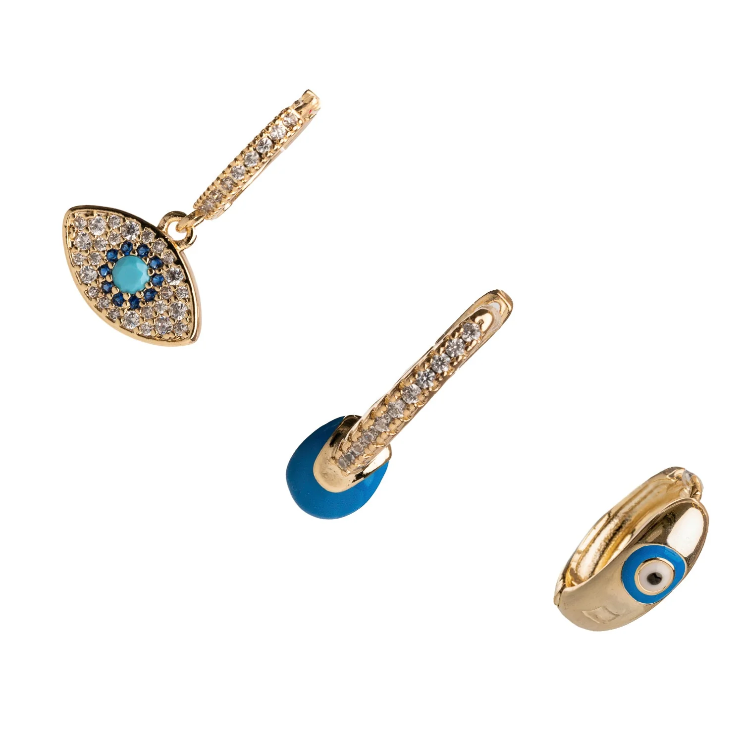 Blue Evil Eye Gold & Diamond Trio Hoop Earring Set - Image 3