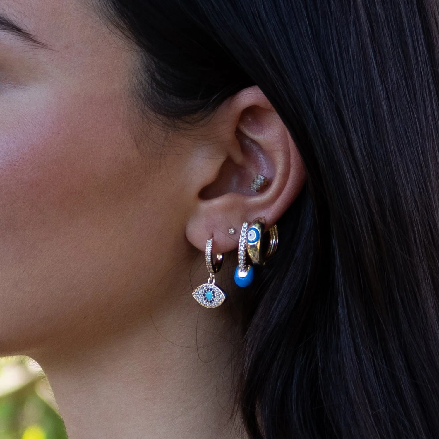 Blue Evil Eye Gold & Diamond Trio Hoop Earring Set - Image 4
