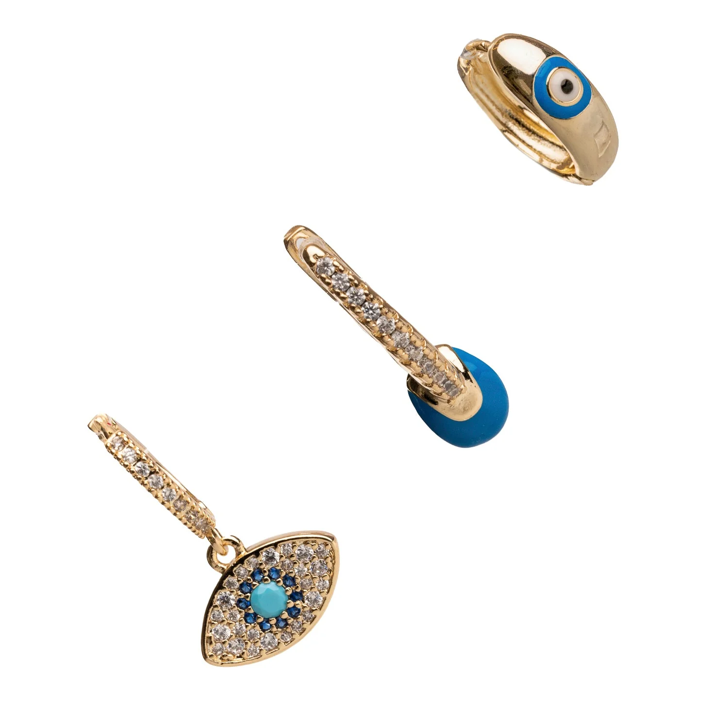 Blue Evil Eye Gold & Diamond Trio Hoop Earring Set - Image 7