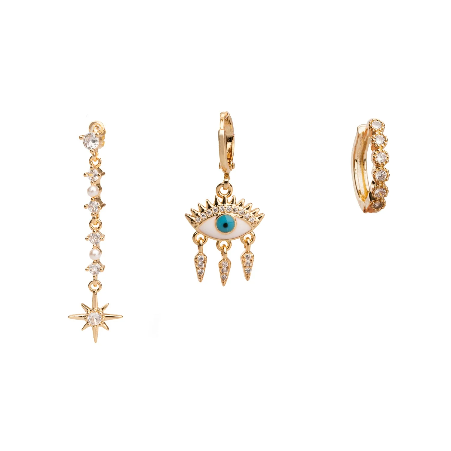 Guidance Star Evil Eye & Diamond Hoop Protection Gold Trio Earring Set