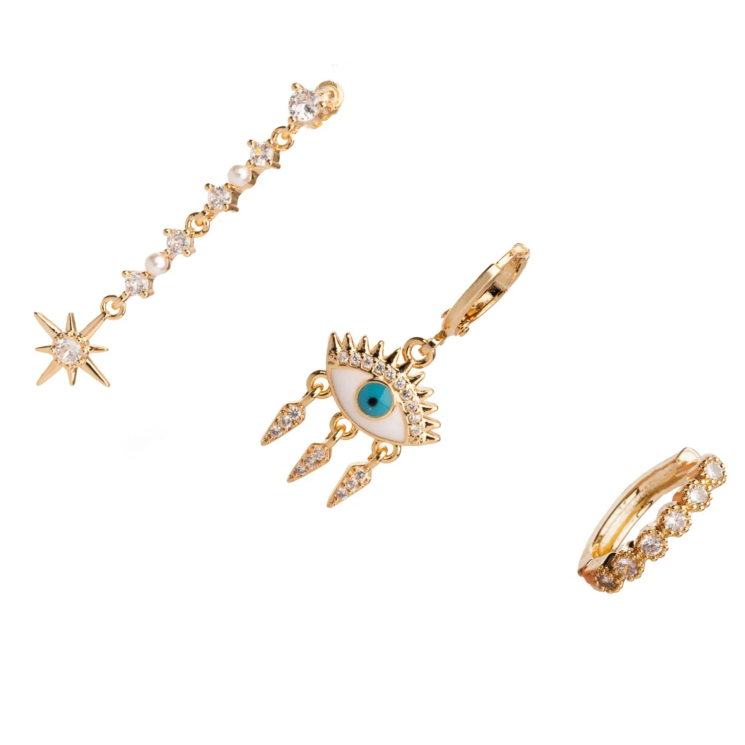 Guidance Star Evil Eye & Diamond Hoop Protection Gold Trio Earring Set - Image 3