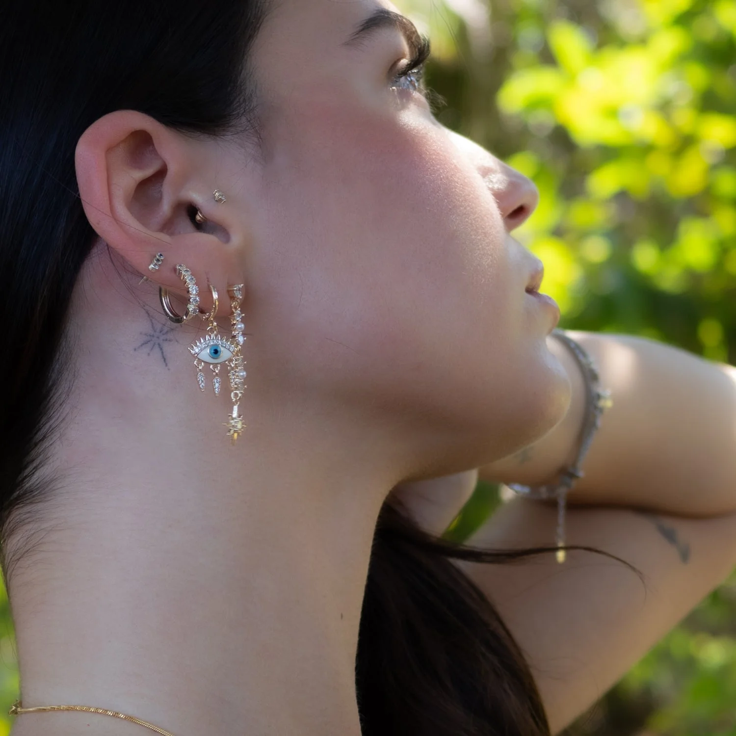 Guidance Star Evil Eye & Diamond Hoop Protection Gold Trio Earring Set - Image 4