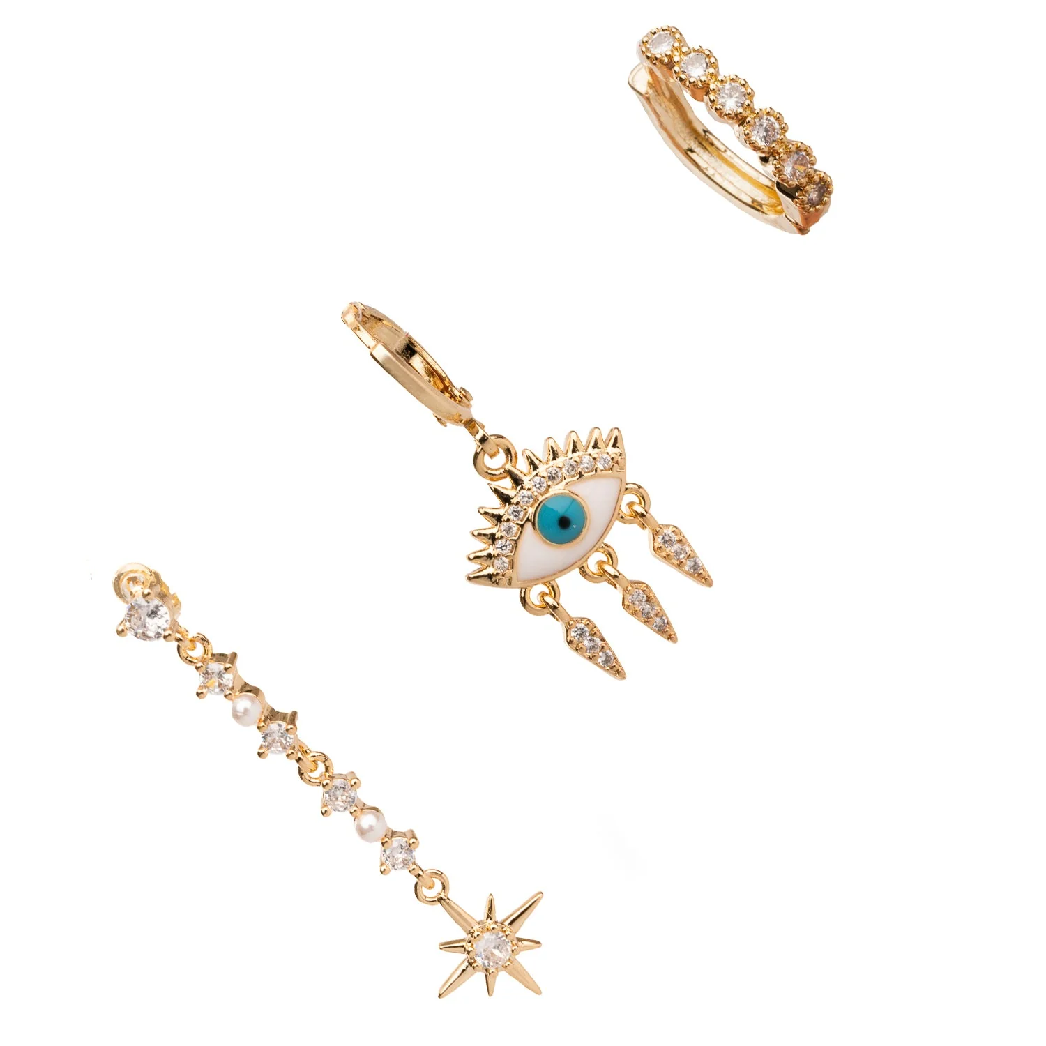 Guidance Star Evil Eye & Diamond Hoop Protection Gold Trio Earring Set - Image 6