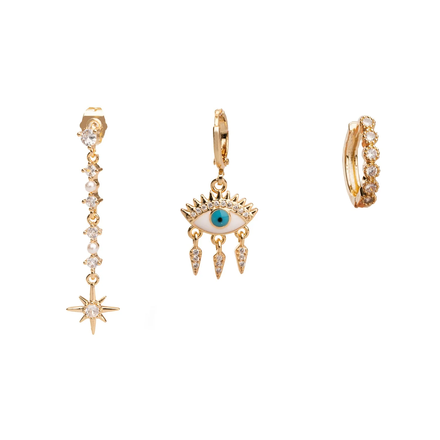 Guidance Star Evil Eye & Diamond Hoop Protection Gold Trio Earring Set - Image 8