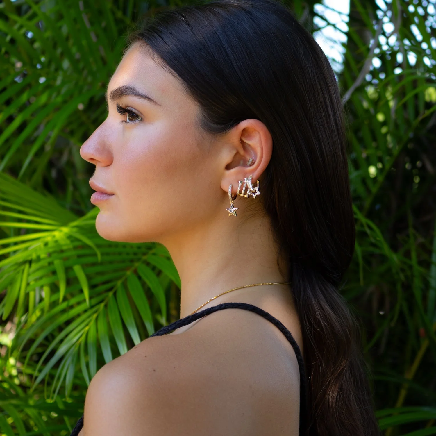 Trio Gold & Diamond Sparkly Star Earrings - Image 2