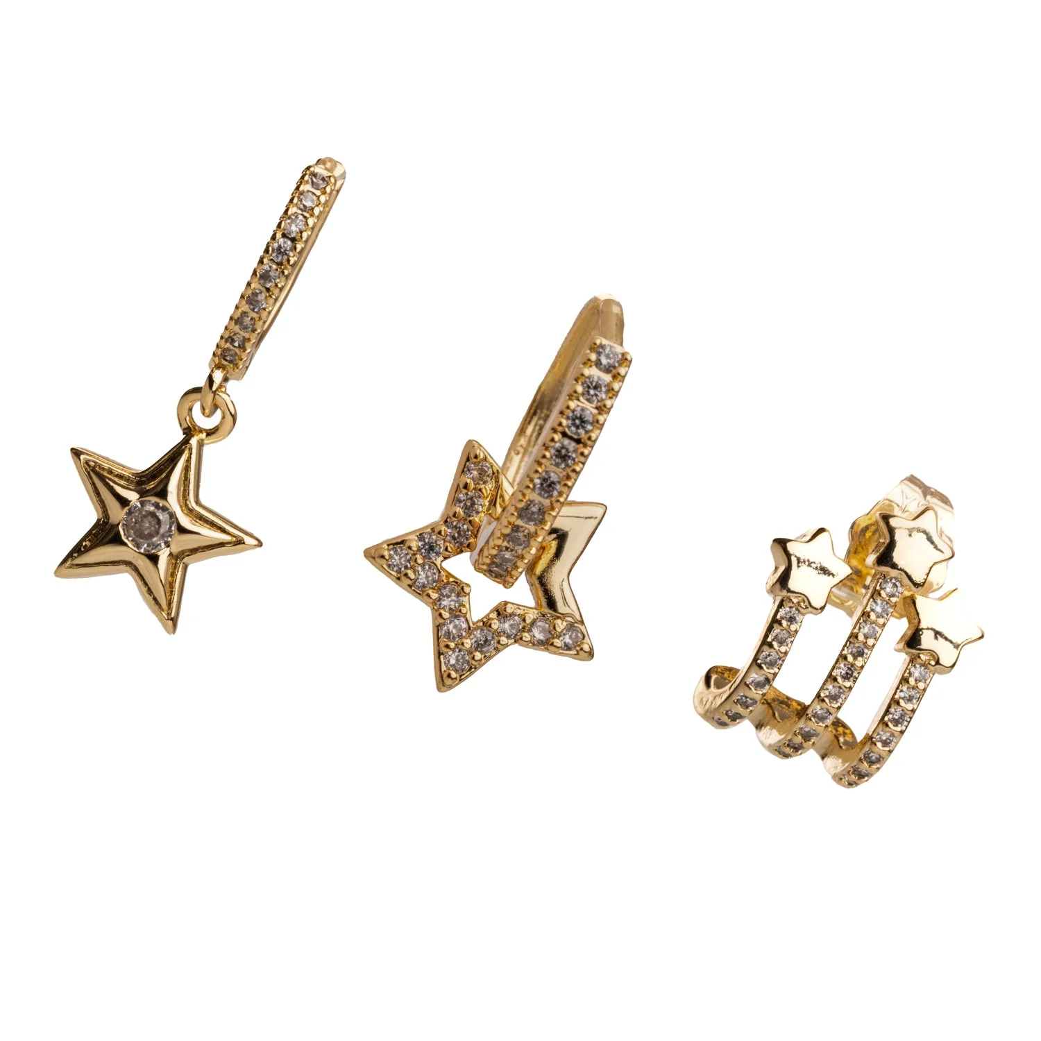 Trio Gold & Diamond Sparkly Star Earrings - Image 3