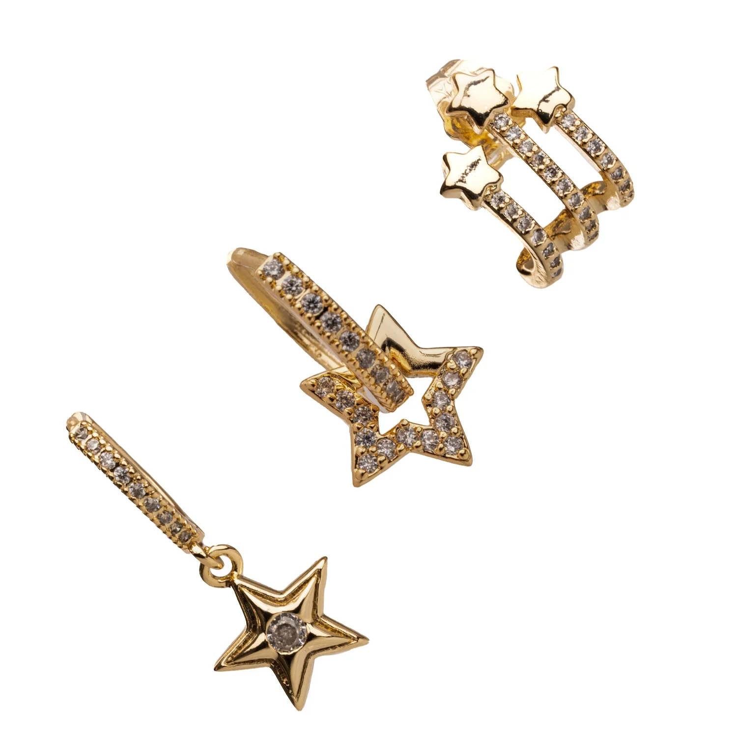 Trio Gold & Diamond Sparkly Star Earrings - Image 5