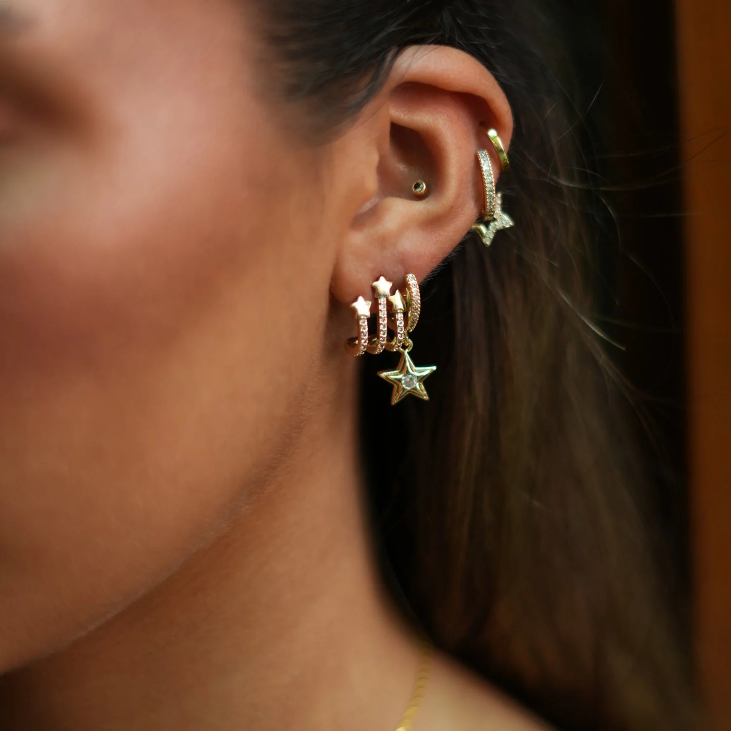 Trio Gold & Diamond Sparkly Star Earrings - Image 9
