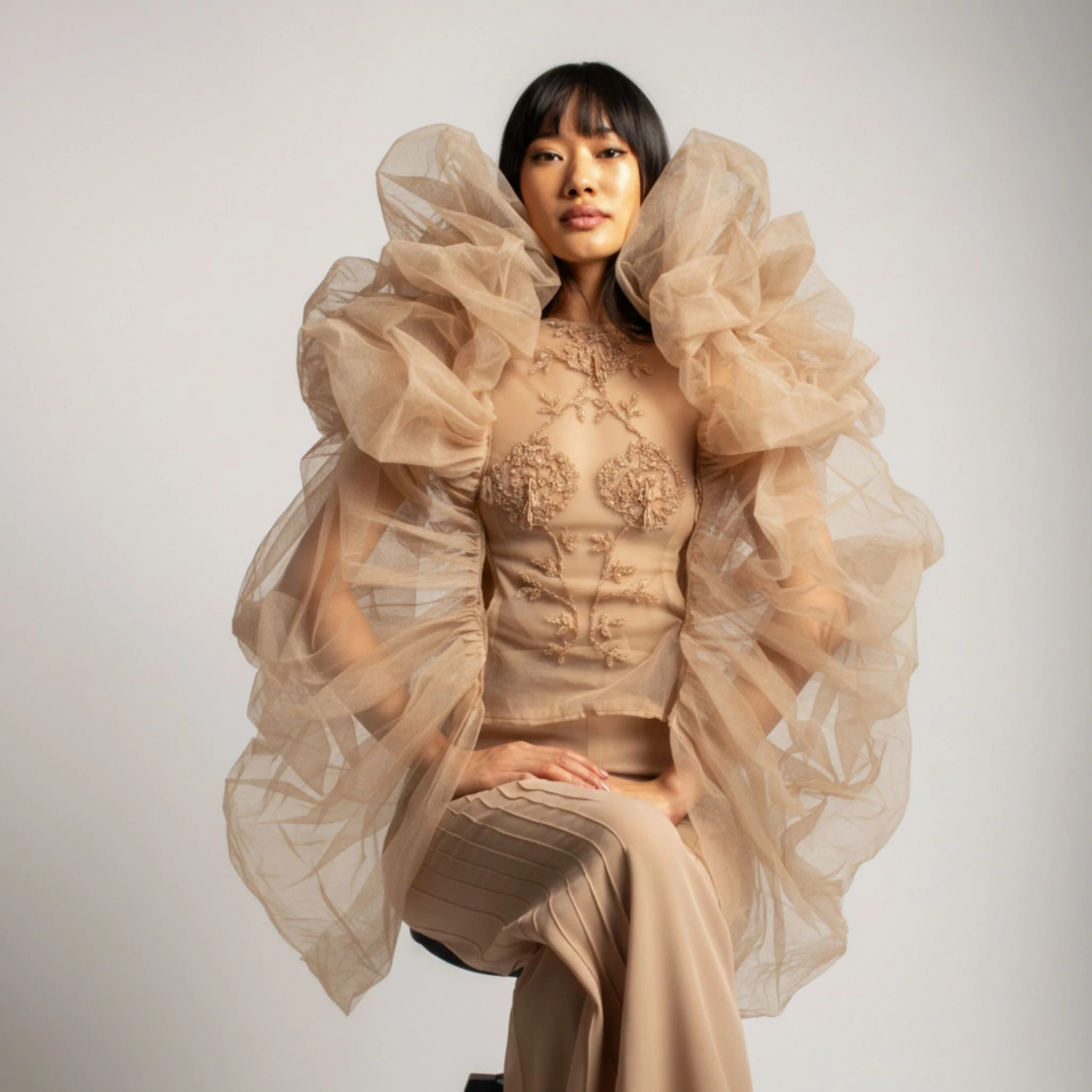 Embroidered Top with Detachable Sleeves | Beige - Image 2