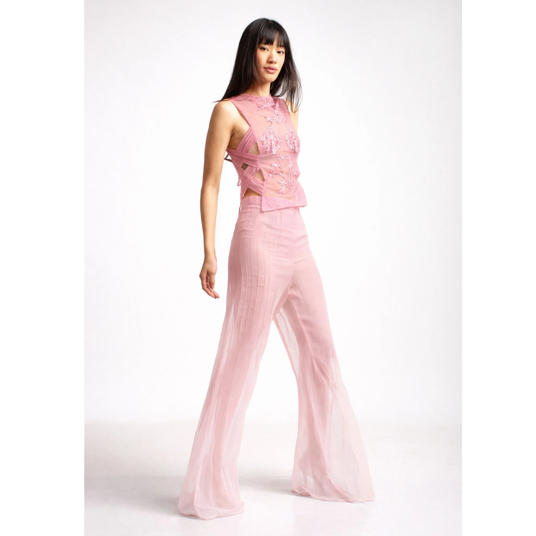 Sheer Pin Tuck Trousers | Pink - Image 3