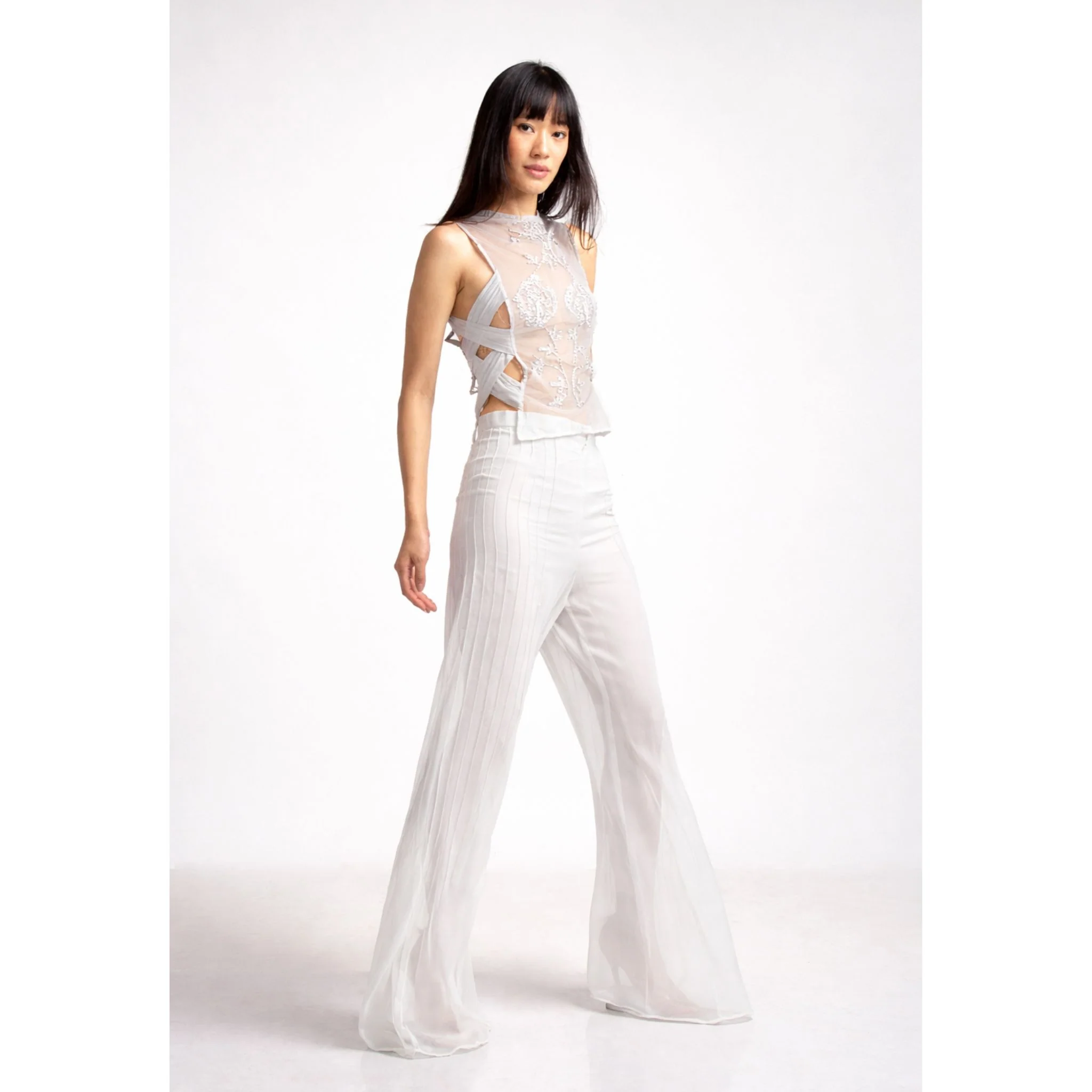 Sheer Pin Tuck Trousers | White - Image 2