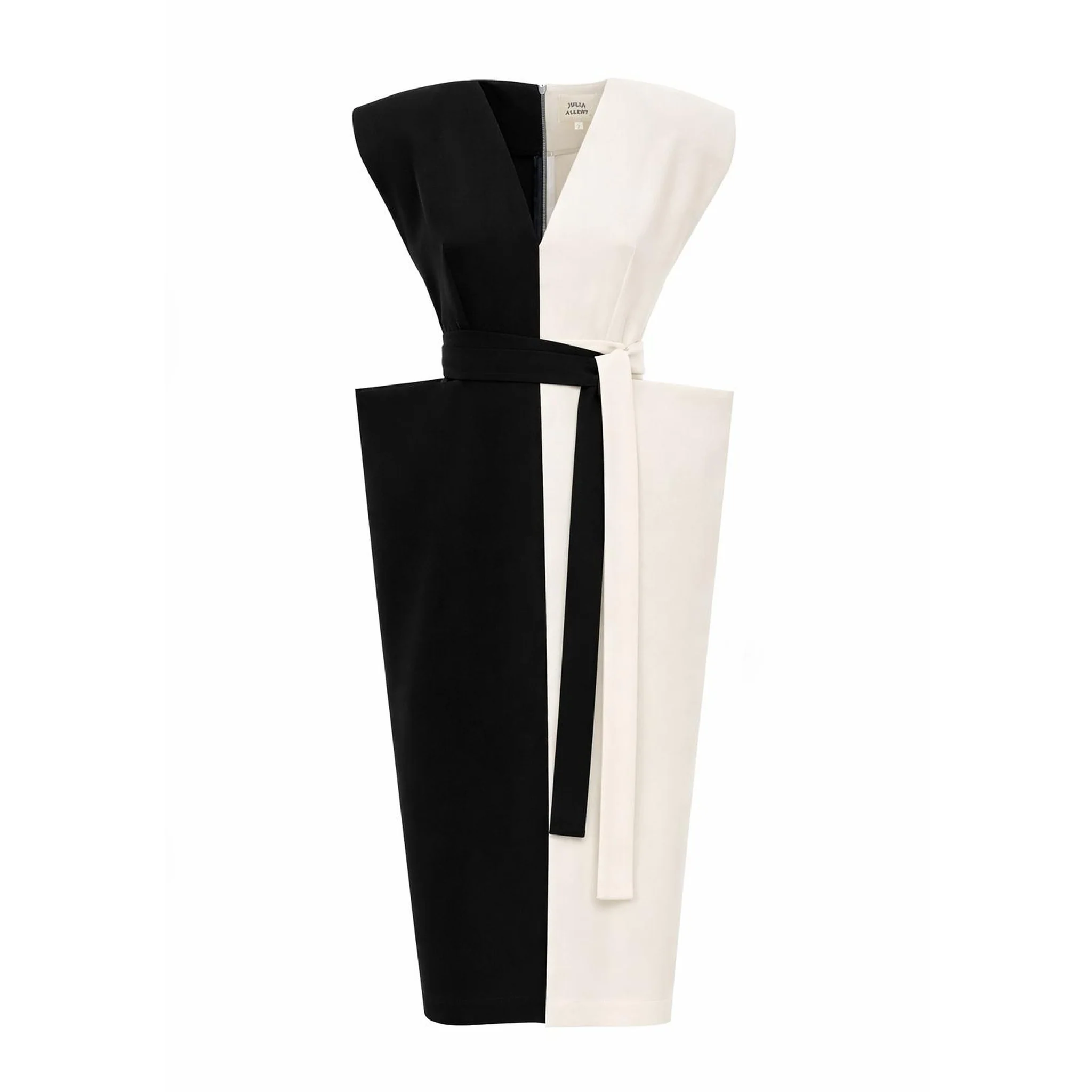 Fashion Midi Dress With Belt And Bold Shoulders – Black & Ivory