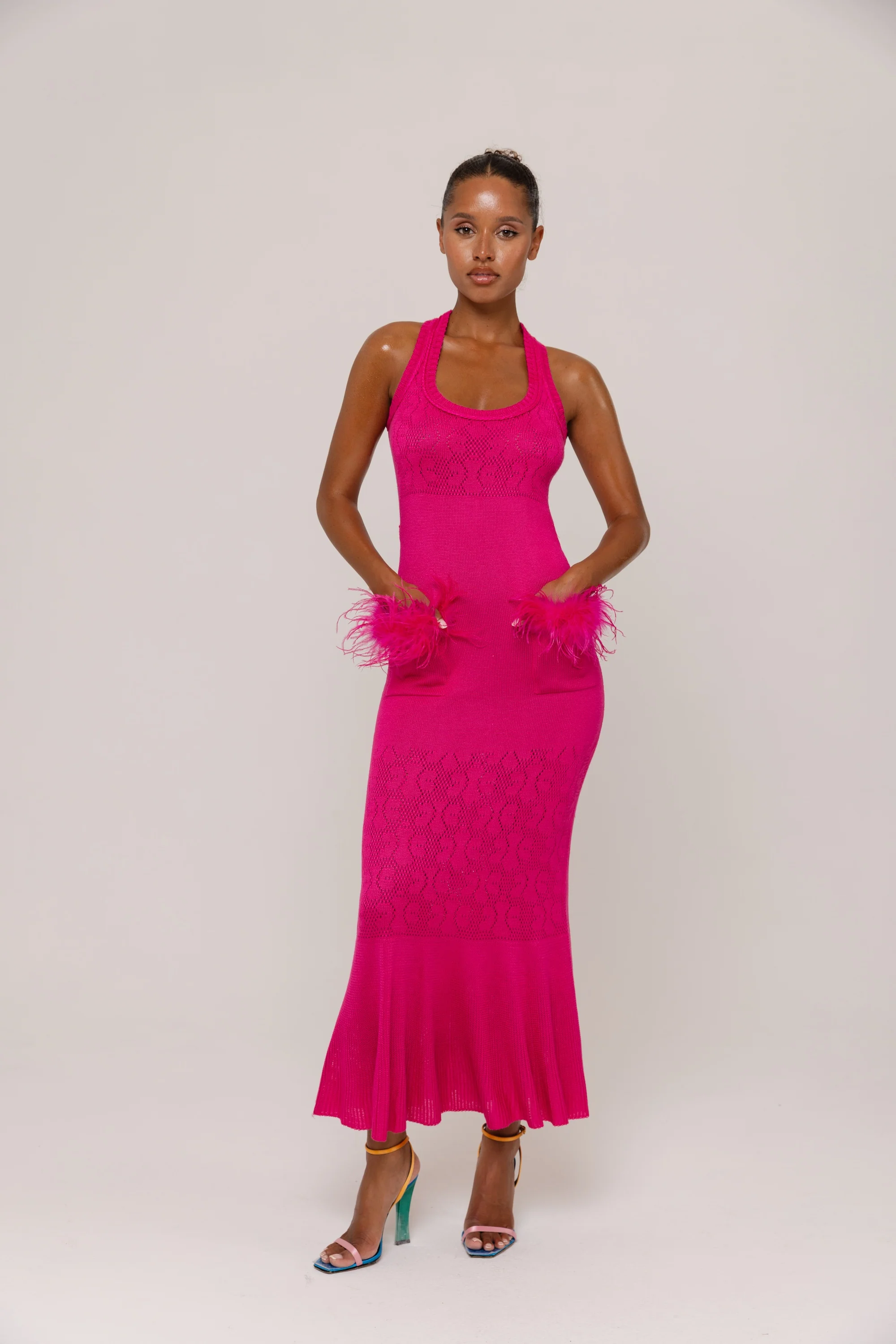 Fuchsia Knit Midi Dress with Ostrich Feather Pockets - Image 5