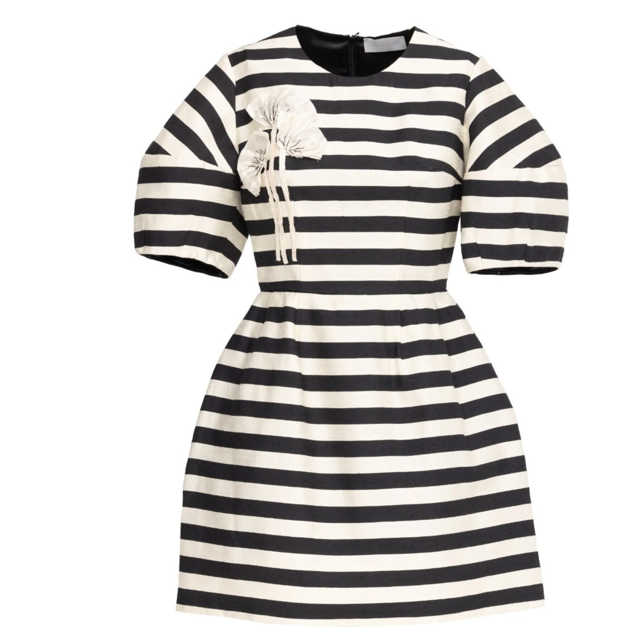 Black & Ivory Striped Mini Dress with Floral Detail