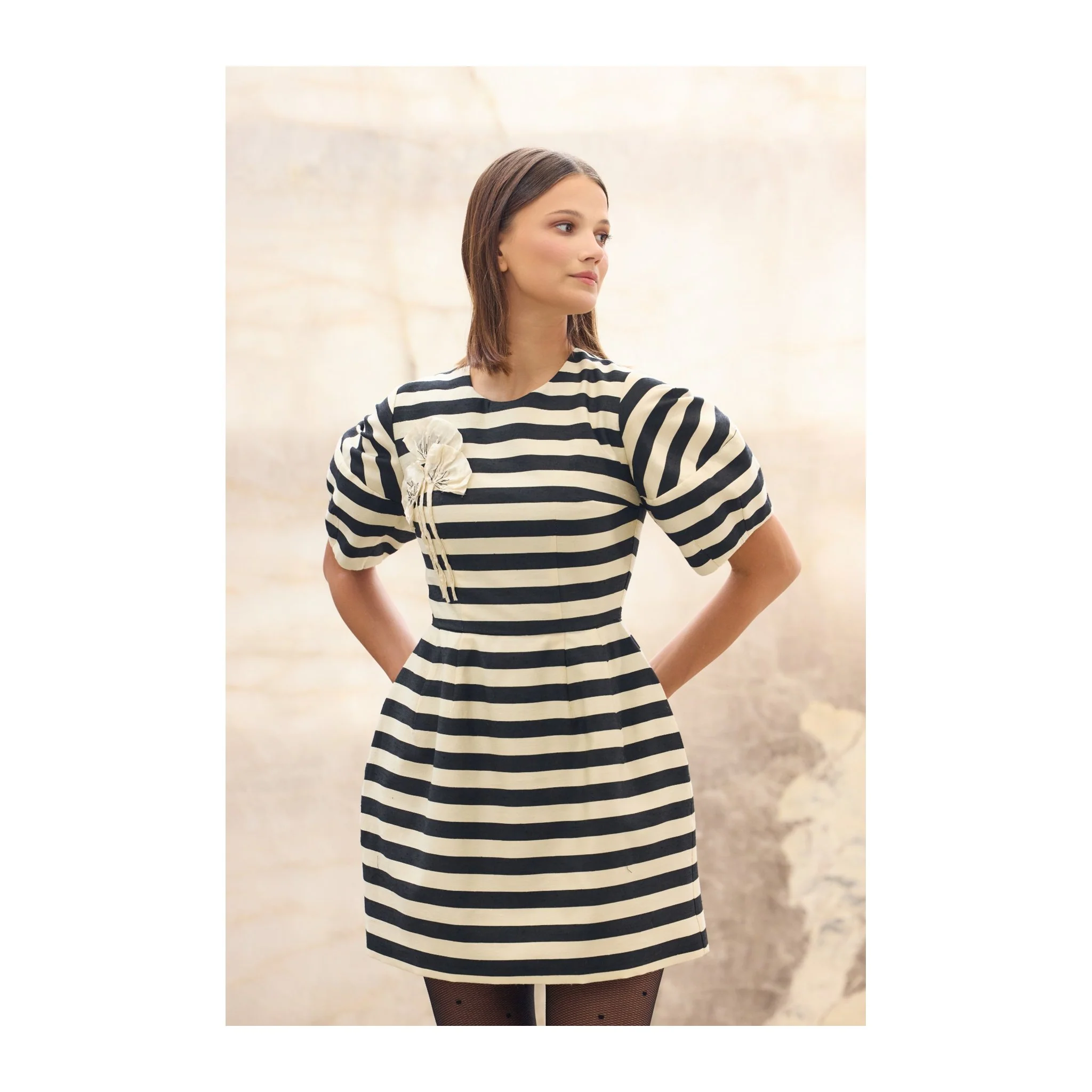 Black & Ivory Striped Mini Dress with Floral Detail - Image 2
