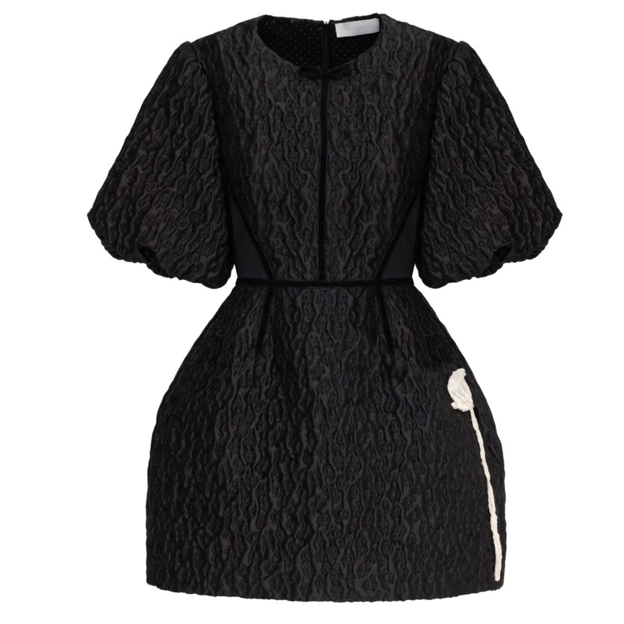 Black Textured Mini Dress with Puff Sleeves