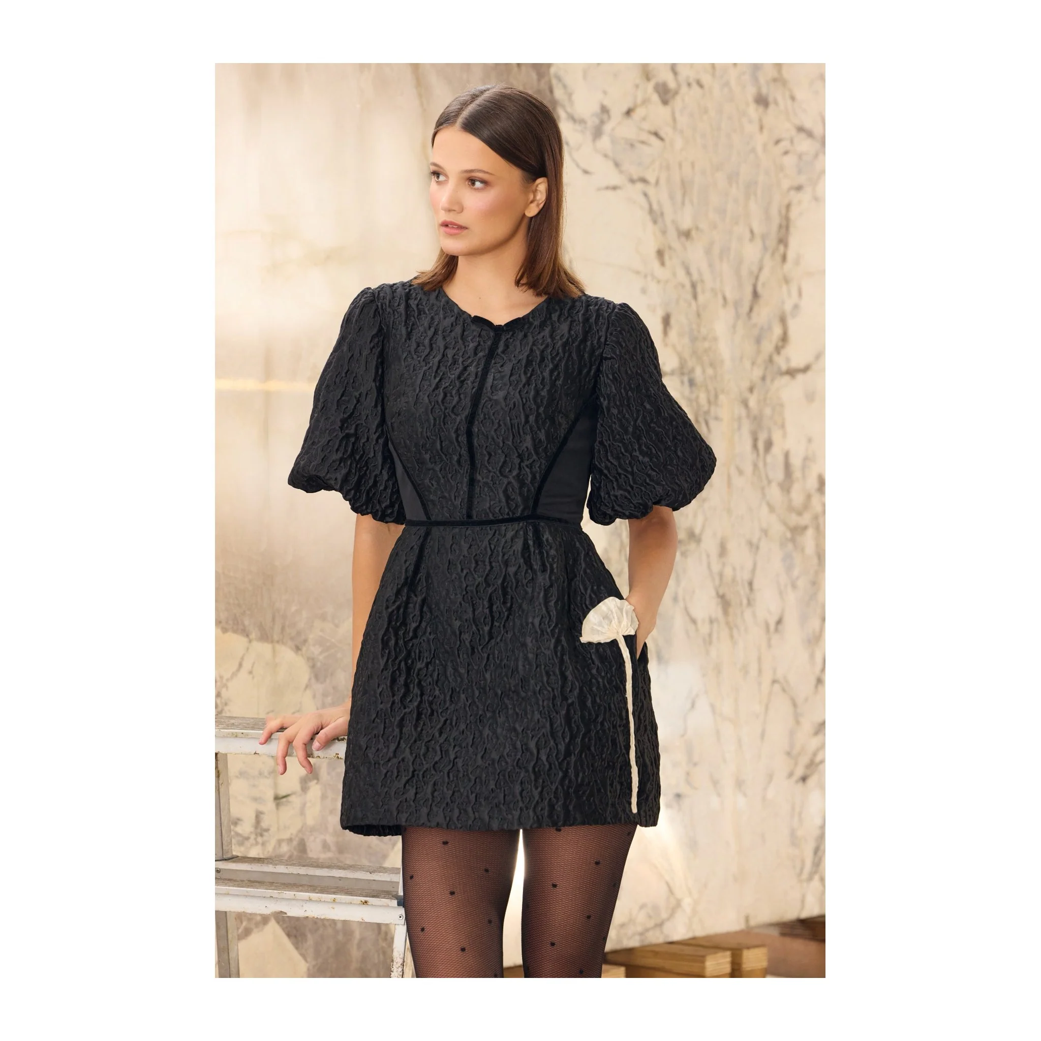 Black Textured Mini Dress with Puff Sleeves - Image 2
