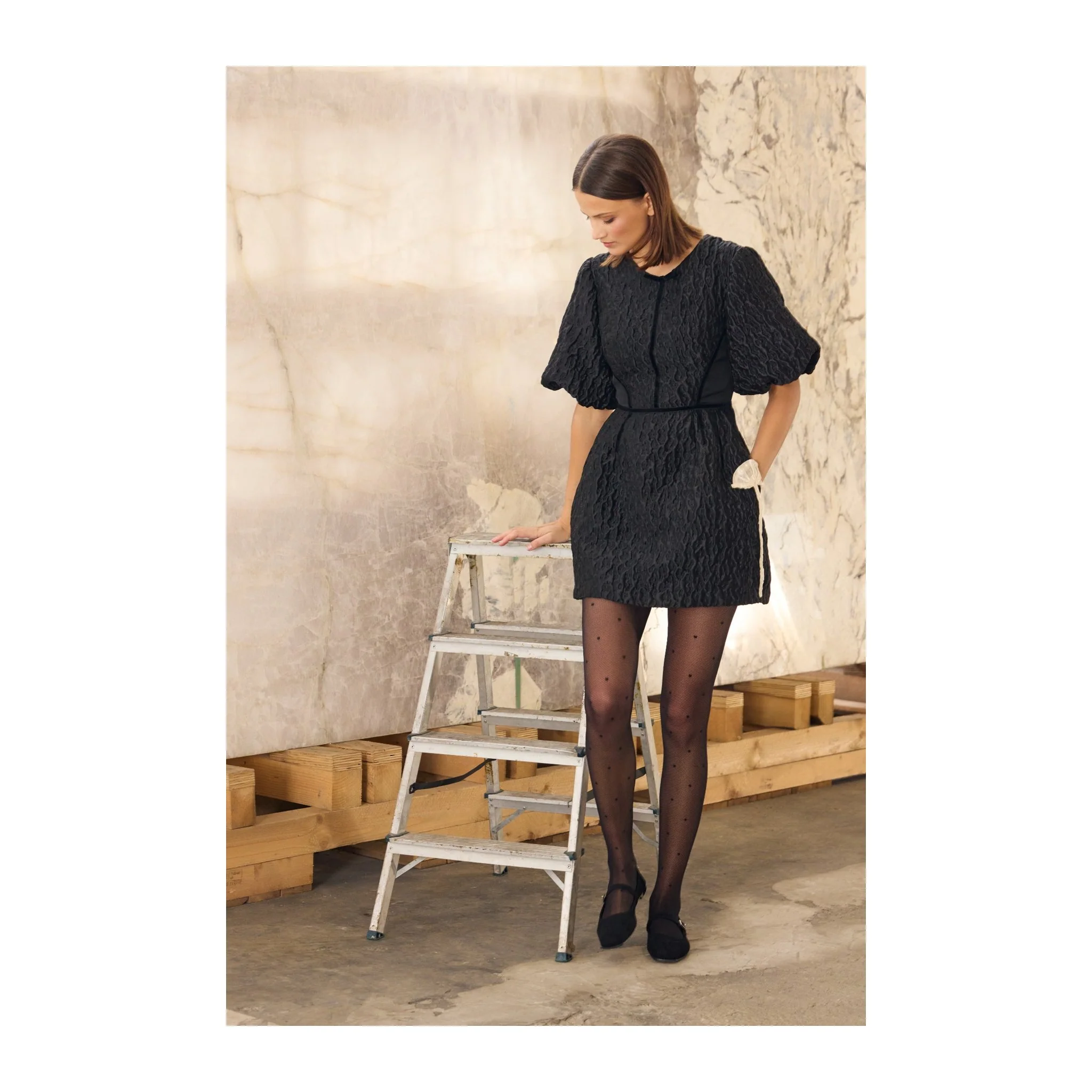 Black Textured Mini Dress with Puff Sleeves - Image 3