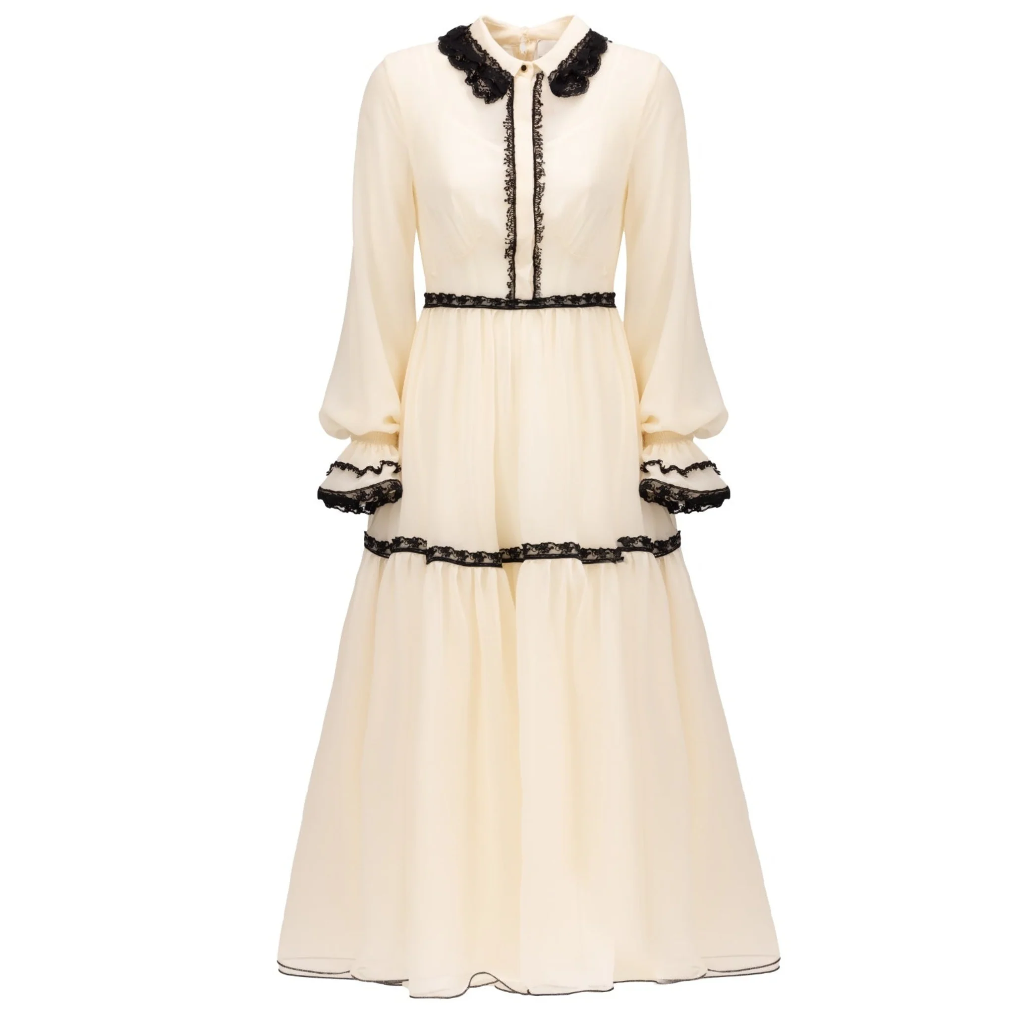 Cream Lace Trim Midi Dress
