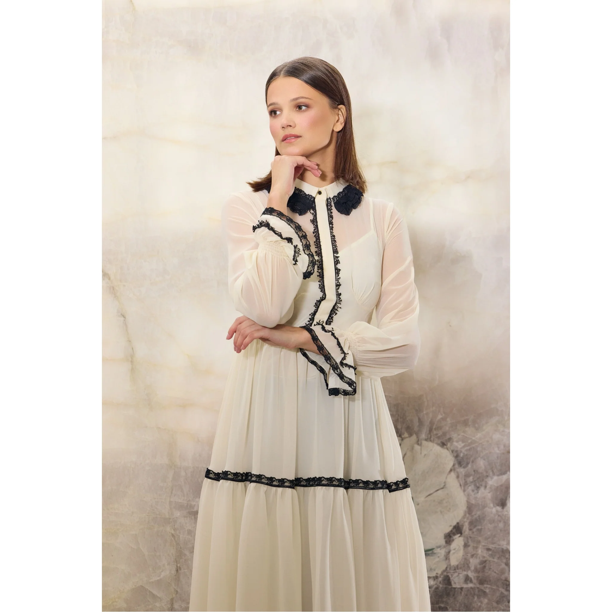 Cream Lace Trim Midi Dress - Image 3