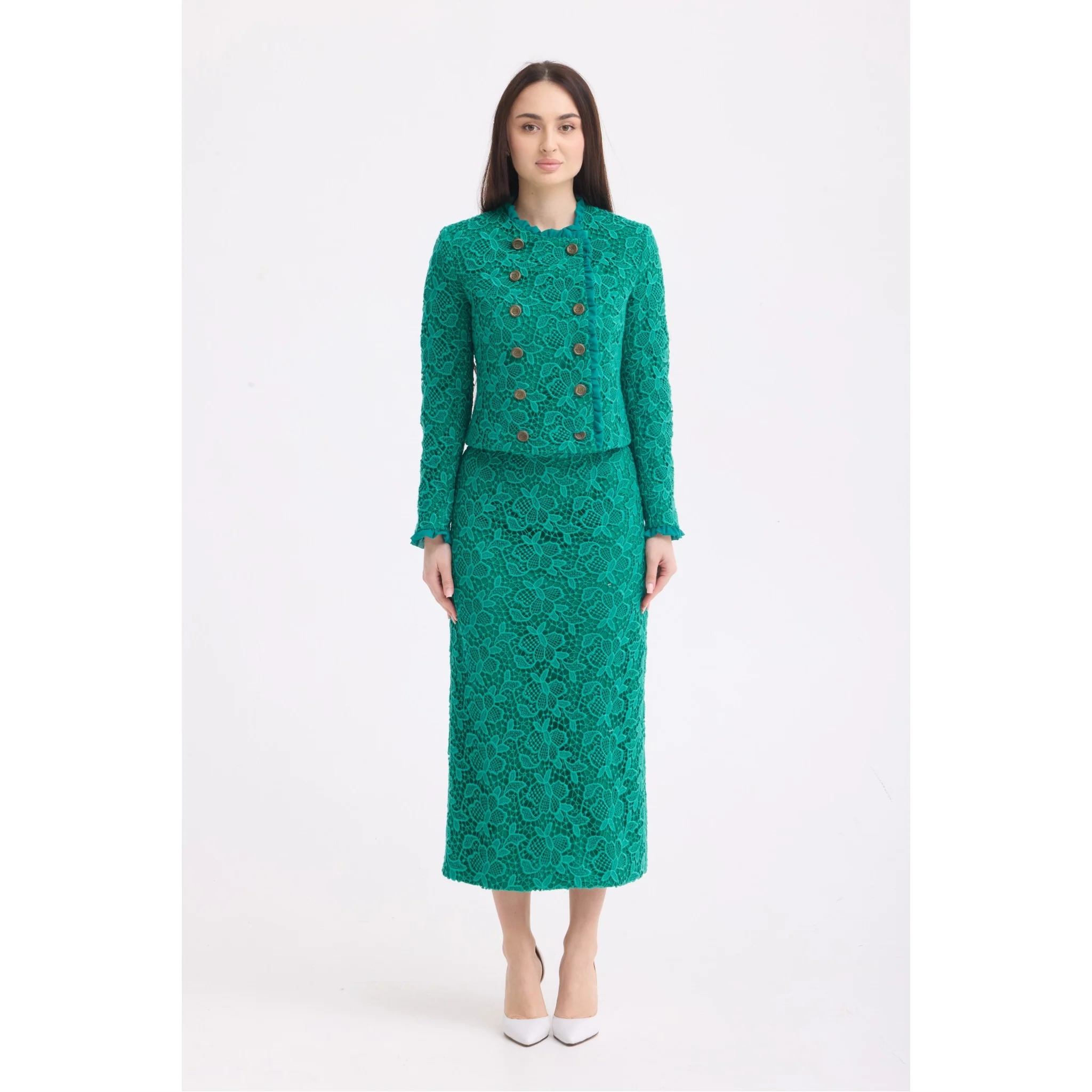 Emerald Green Lace Cropped Jacket and Midi Skirt Set - Image 2