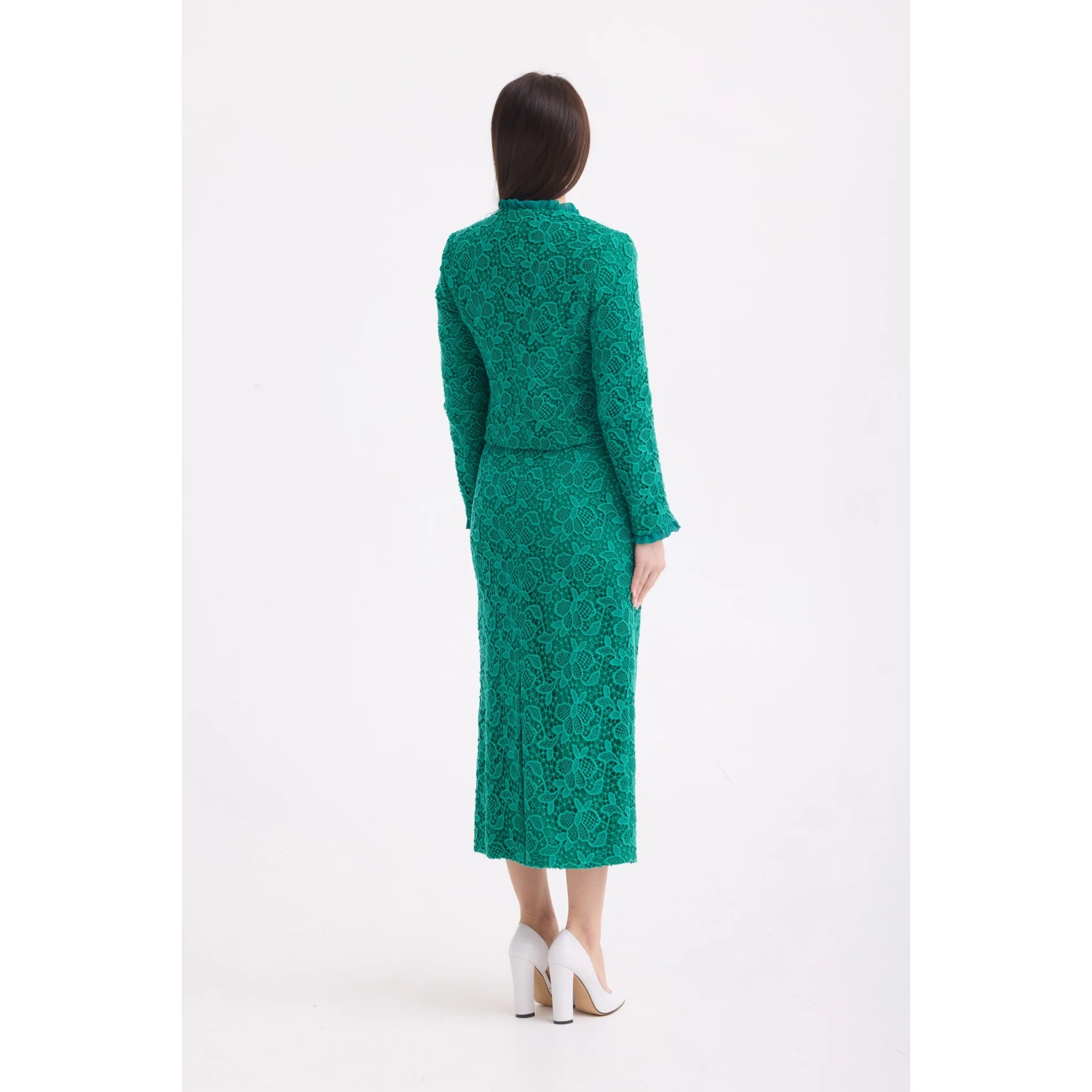 Emerald Green Lace Cropped Jacket and Midi Skirt Set - Image 5