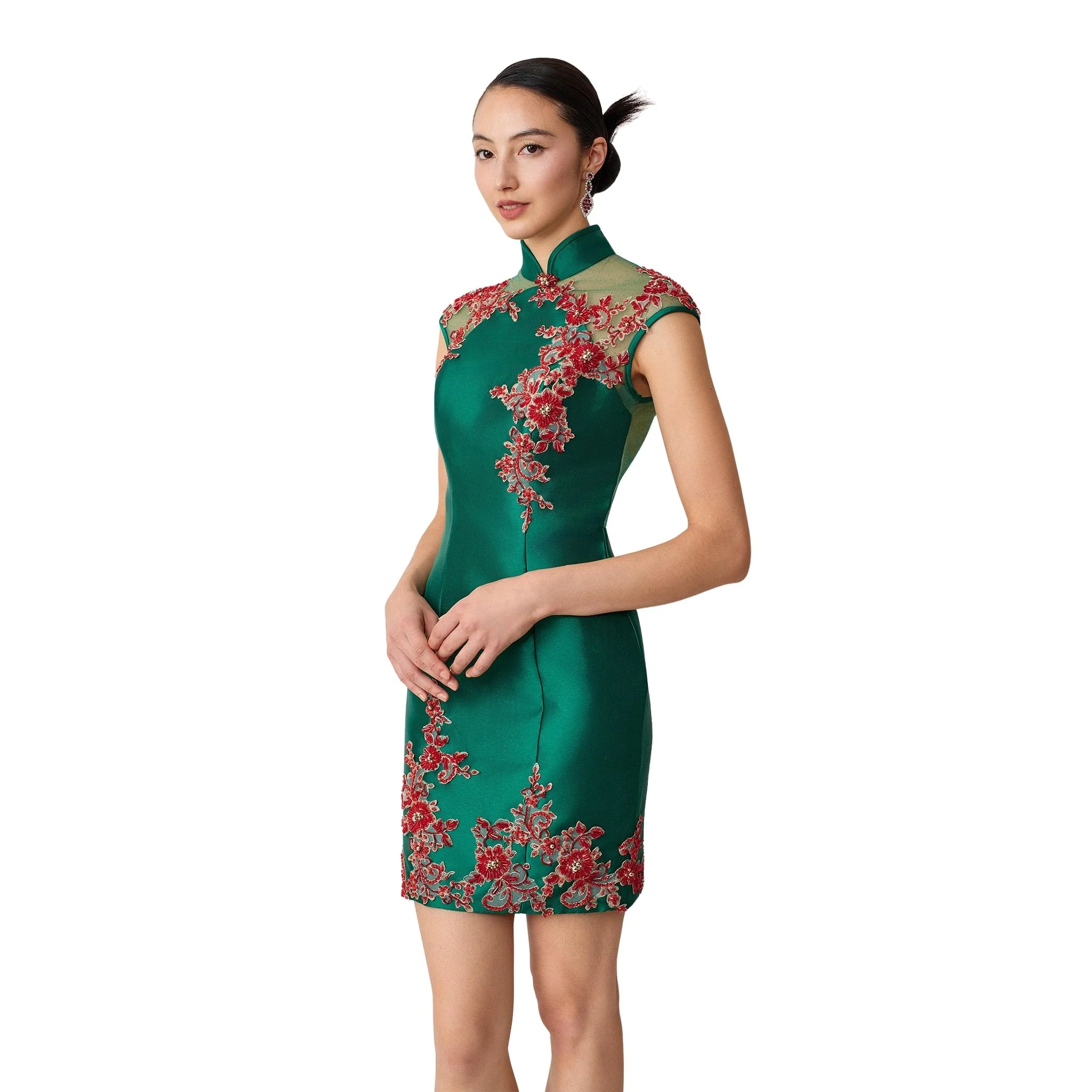 Green Beaded Rose Short Qipao - Image 3