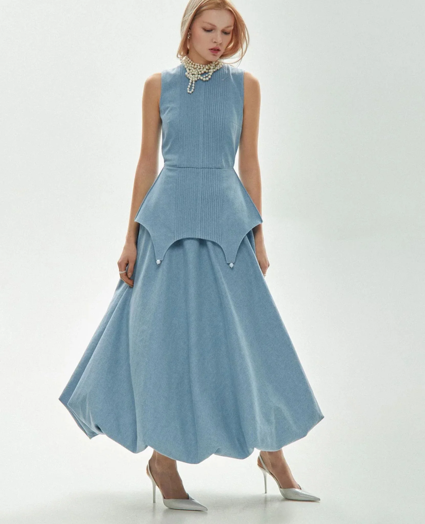 Structured Peplum Denim Maxi Dress - Image 2