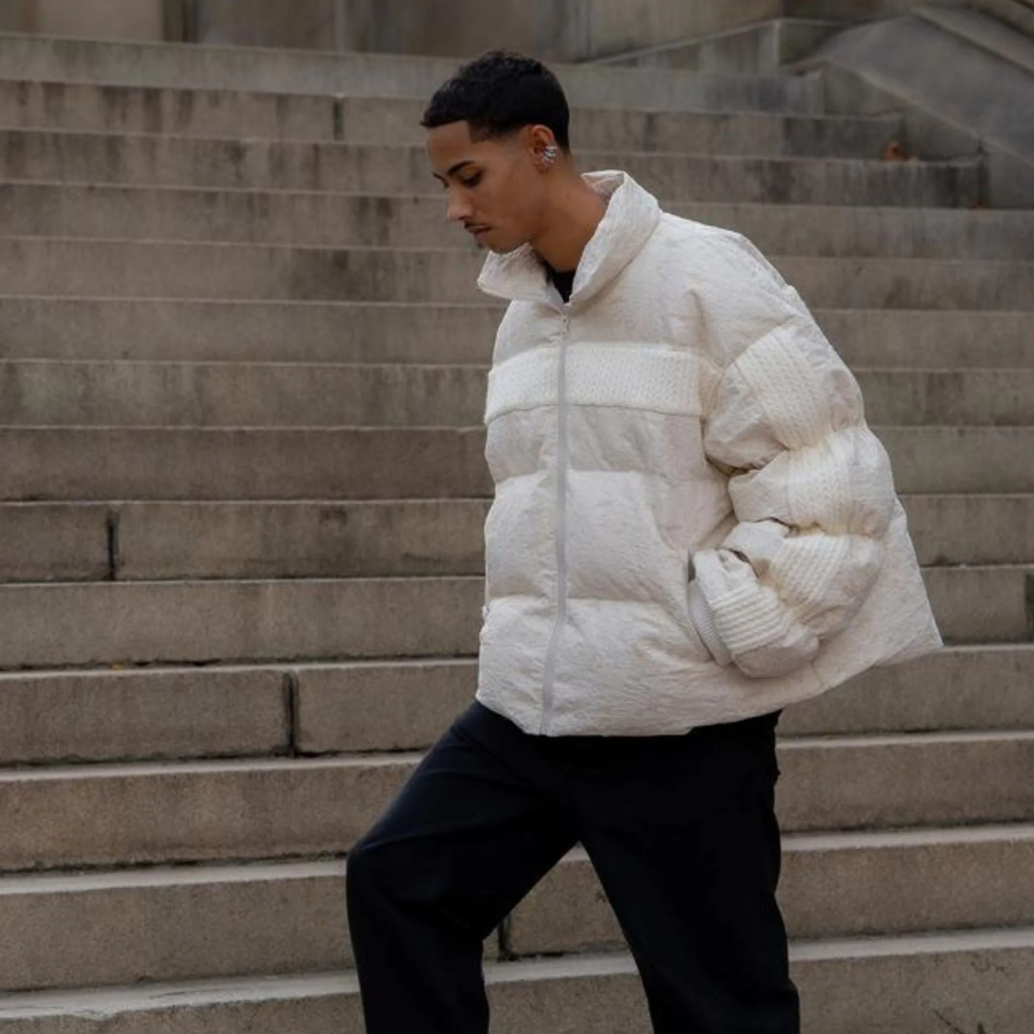 White Sculptural STREAM Puffer Jacket with Ribbed Sleeves - Image 3