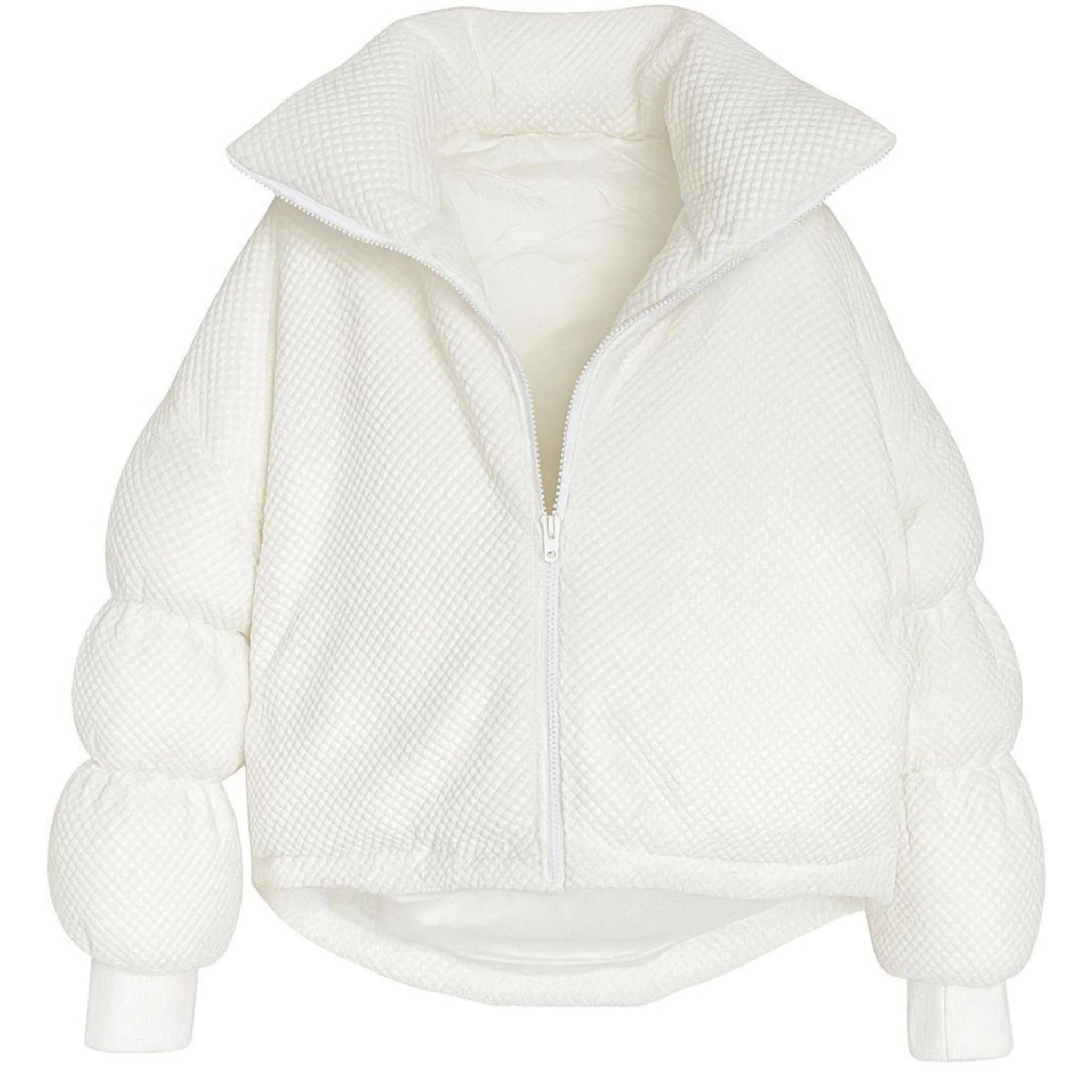 White Textured MIST Puffer Jacket with Curved Hem