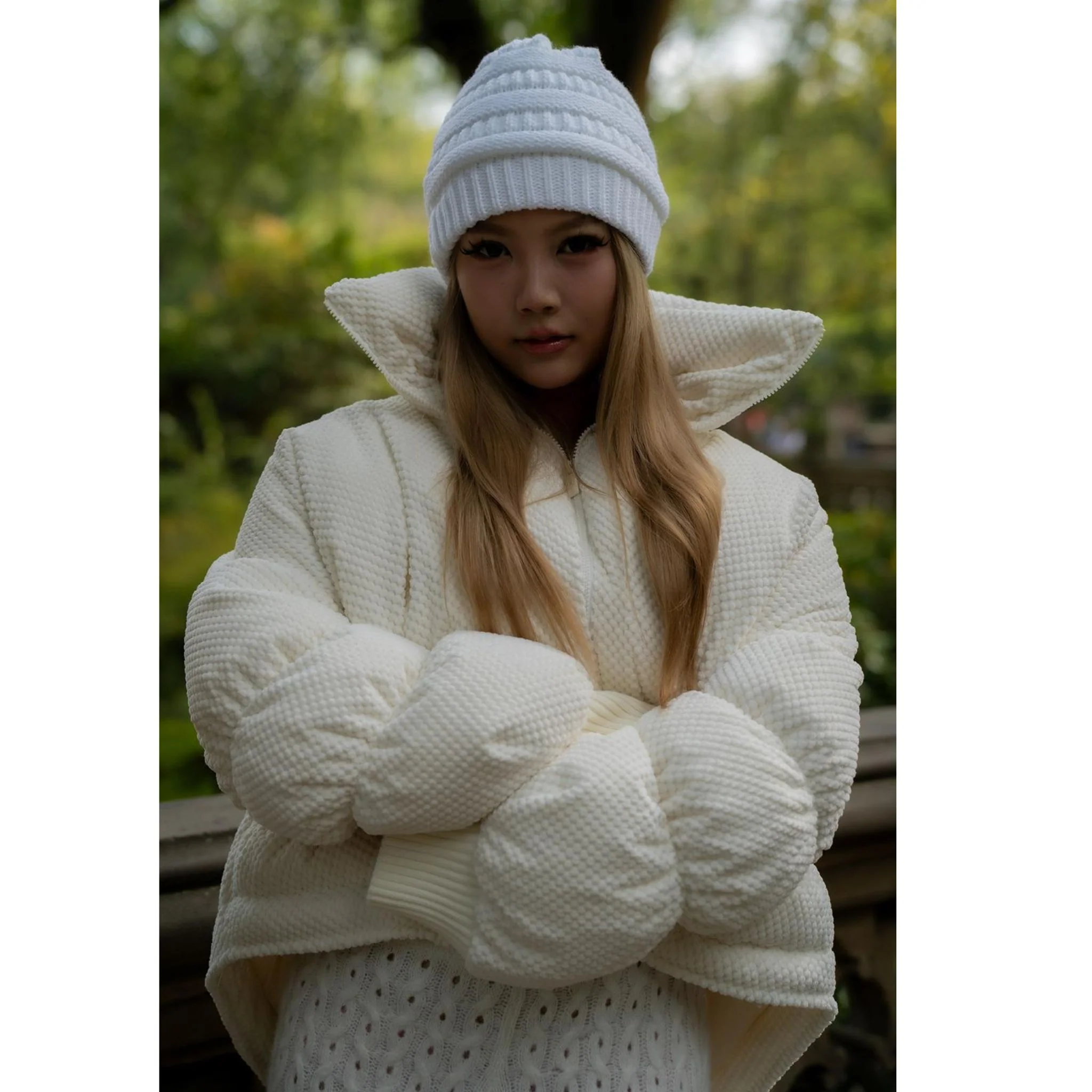 White Textured MIST Puffer Jacket with Curved Hem - Image 2