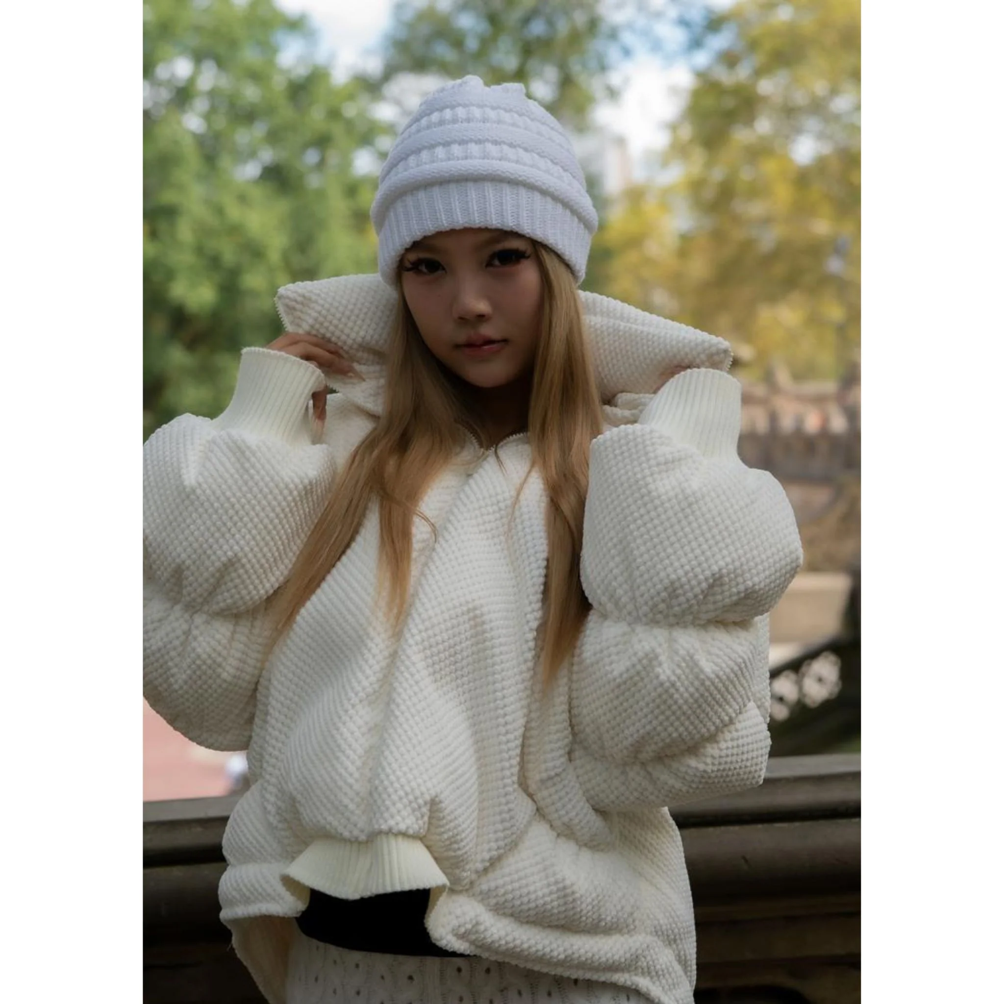 White Textured MIST Puffer Jacket with Curved Hem - Image 3
