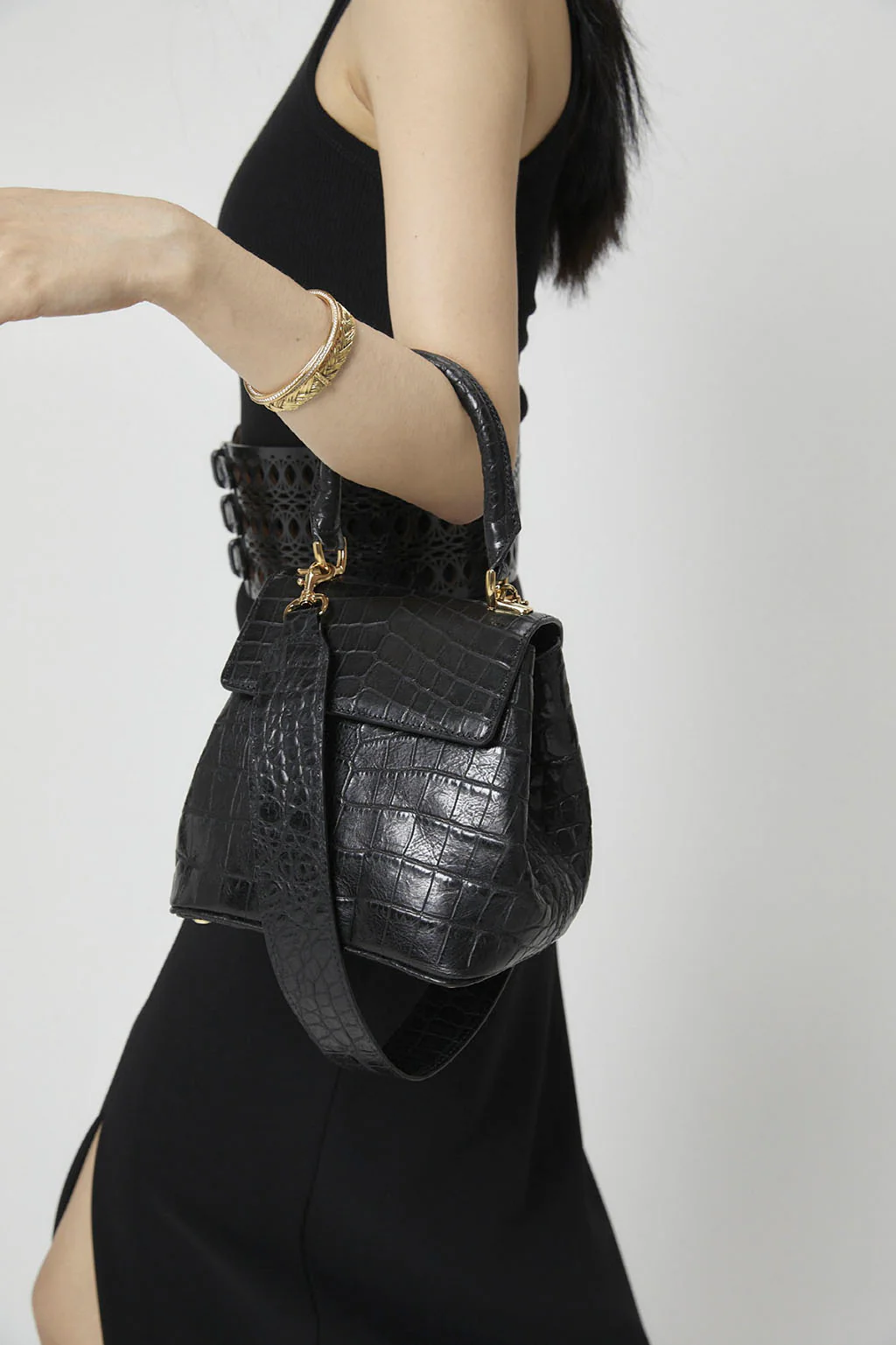 Anne Crocodile-Effect Leather Bag | Black - Image 6