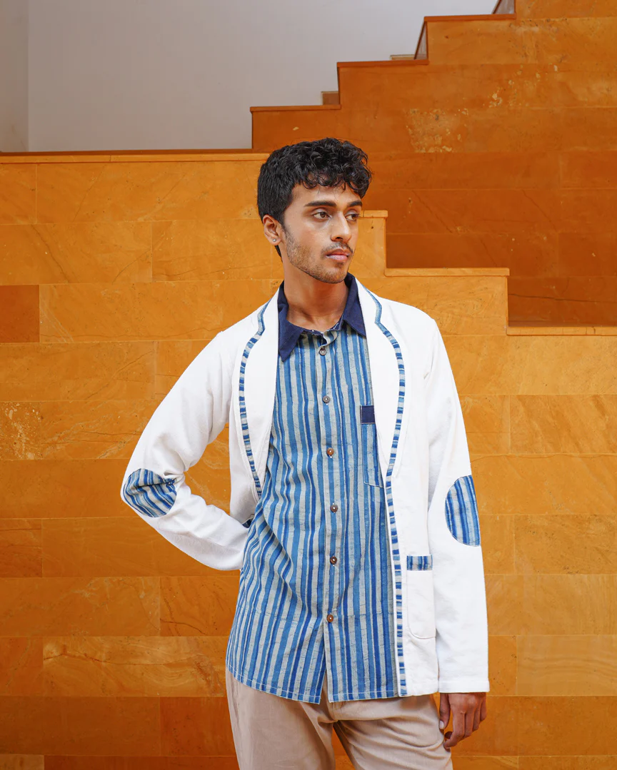 Baadal Unisex Jacket in White Colour and Indigo Elements - Image 2