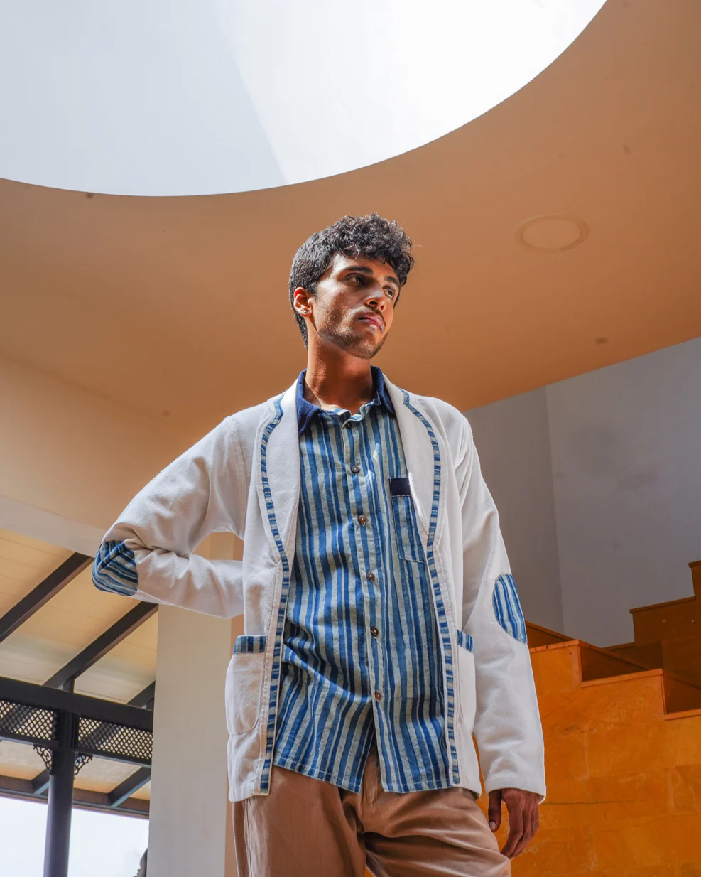 Baadal Unisex Jacket in White Colour and Indigo Elements - Image 3