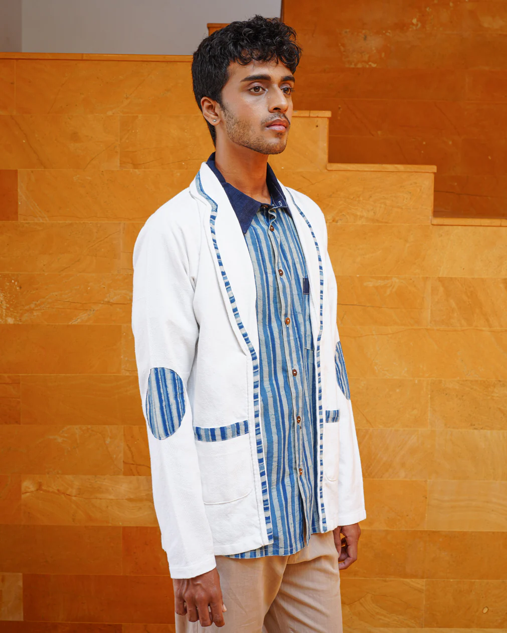 Baadal Unisex Jacket in White Colour and Indigo Elements - Image 4