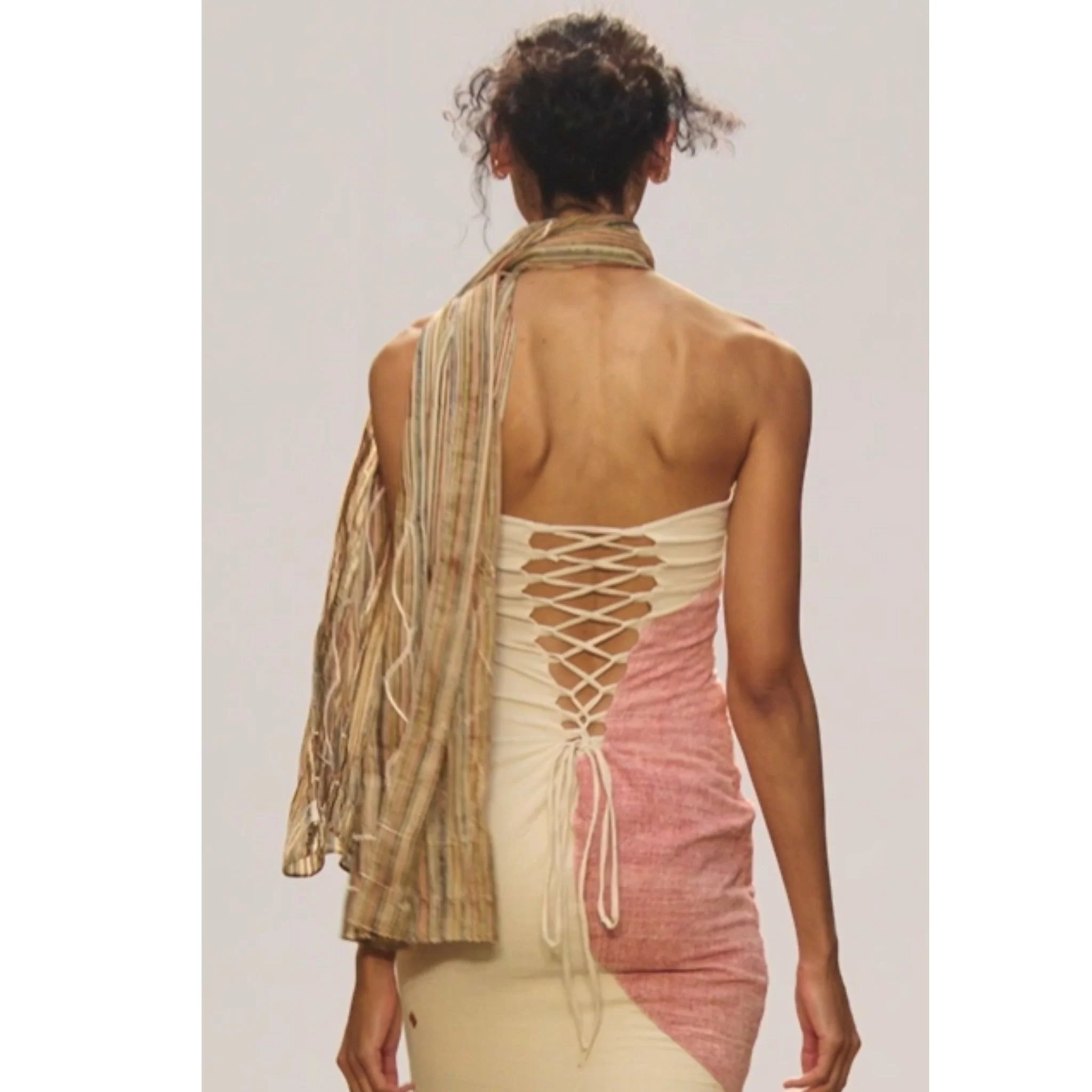 Beige Strapless Bodycon Mahua Dress with Pink Motif - Image 3