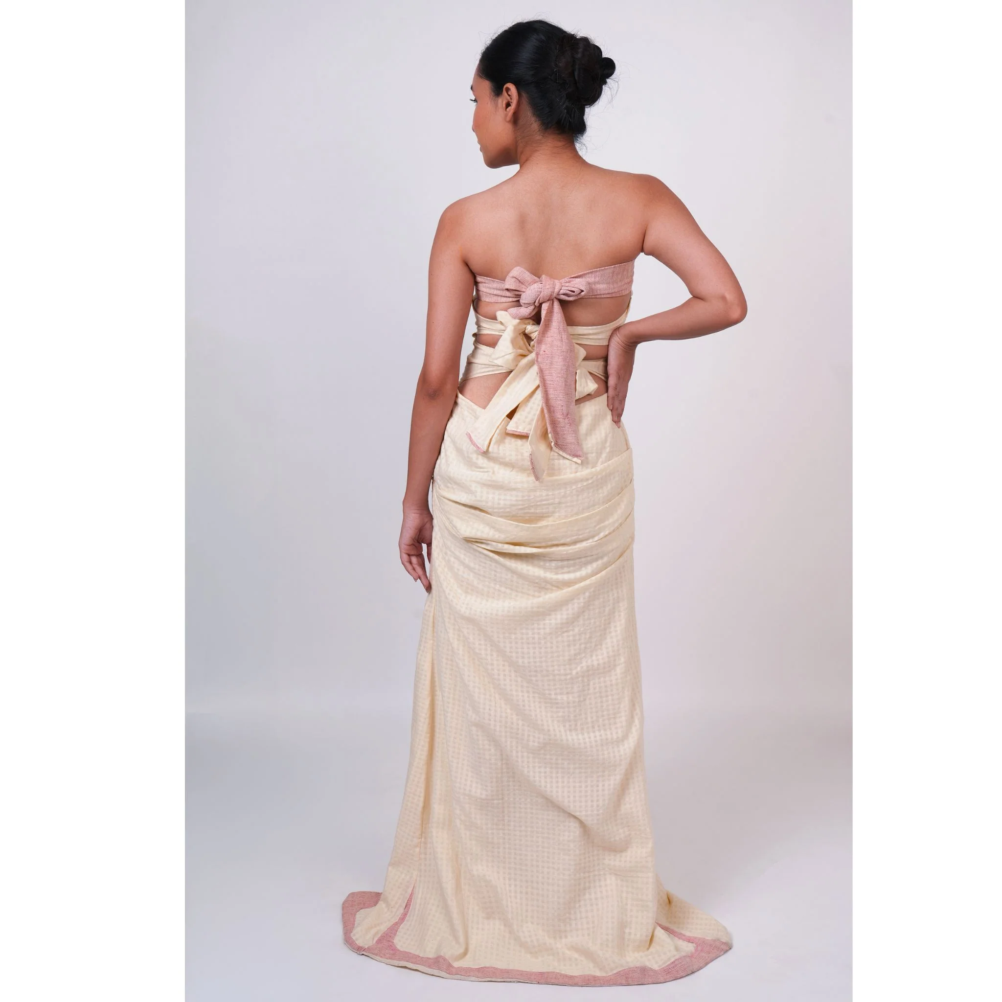 Off-White Strapless Maxi Palaash Gown with Pink Trim - Image 3