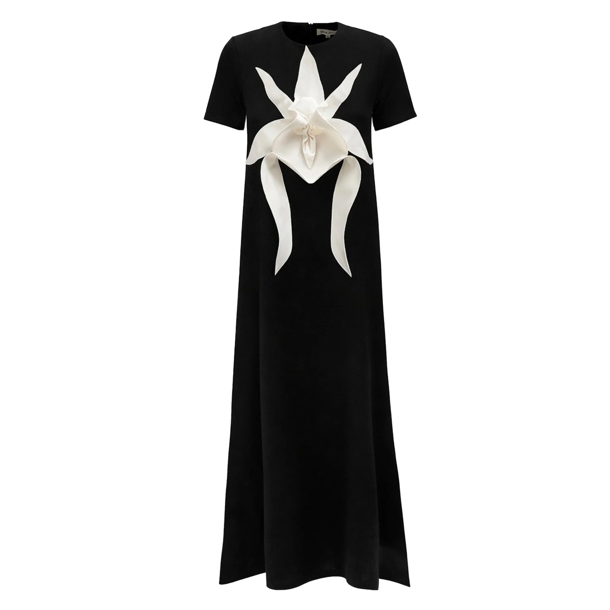 Ankle-Length Knit Dress With Flower Detail - Black