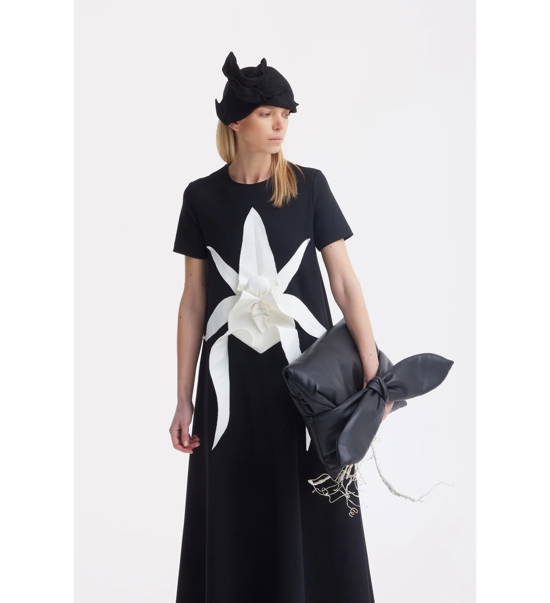 Ankle-Length Knit Dress With Flower Detail - Black - Image 3