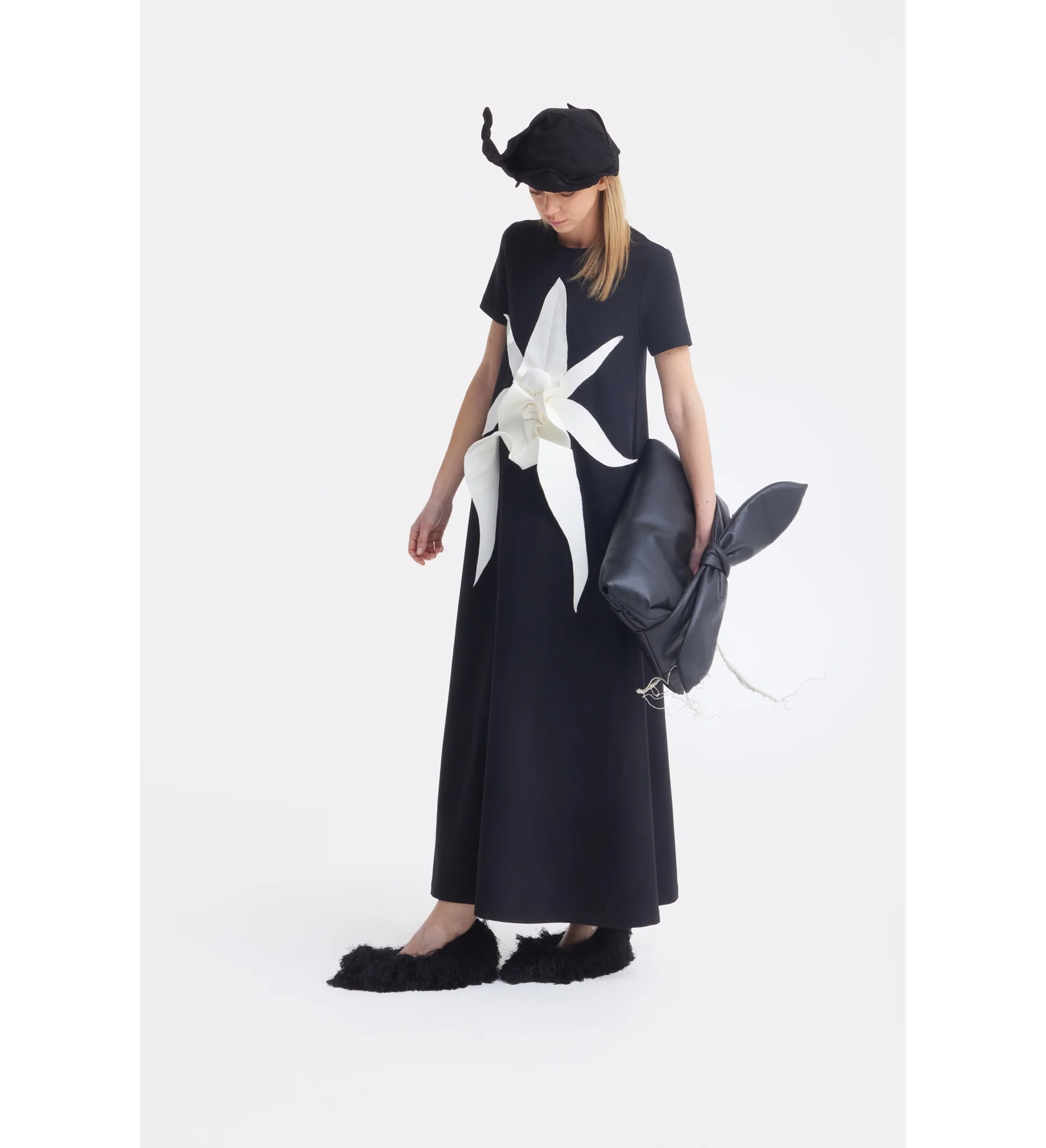 Ankle-Length Knit Dress With Flower Detail - Black - Image 6
